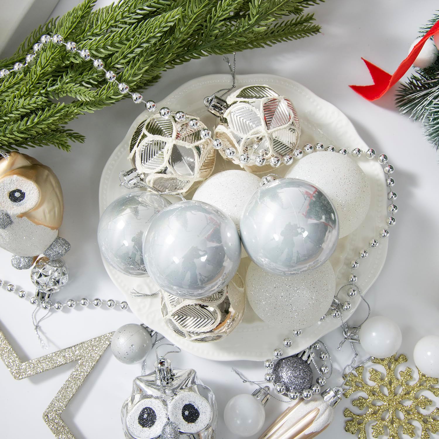 Christmas Tree Ball Ornament Set, 100 ct Gold-Silver Owl Theme Xmas Ornaments, Shatterproof Decorative Hanging Assorted Ornaments for Holiday Party Decor Tree Ornament and Events - Image 9