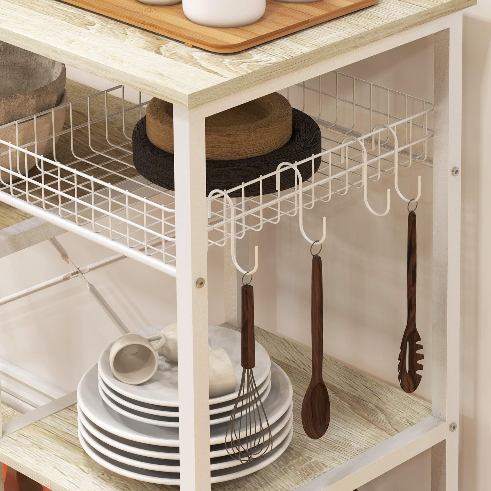 HOMCOM Estantería de Cocina Moderna Estante de Cocina con 1 Cesta 4 Ganchos en S 6 Almohadillas de Pie Ajustables y Estantes 90x40x84,5 cm Roble y Blanco