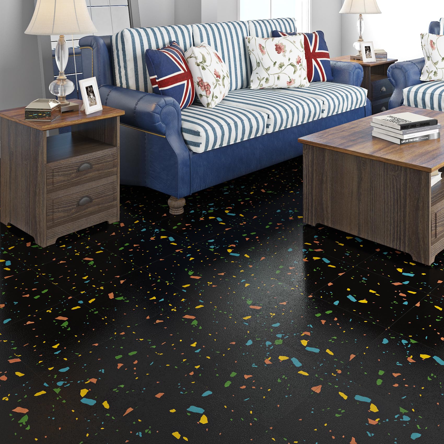 Livelynine Vinilo Adhesivo Suelo Baño Impermeable Negro Terrazo Suelo Vinilo Autoadhesivo Cocina Baldosas Adhesivas Suelos PVC 30x30CM 32-Baldosas Losetas Vinili para Suelos Oscuro Dormitorio Granito
