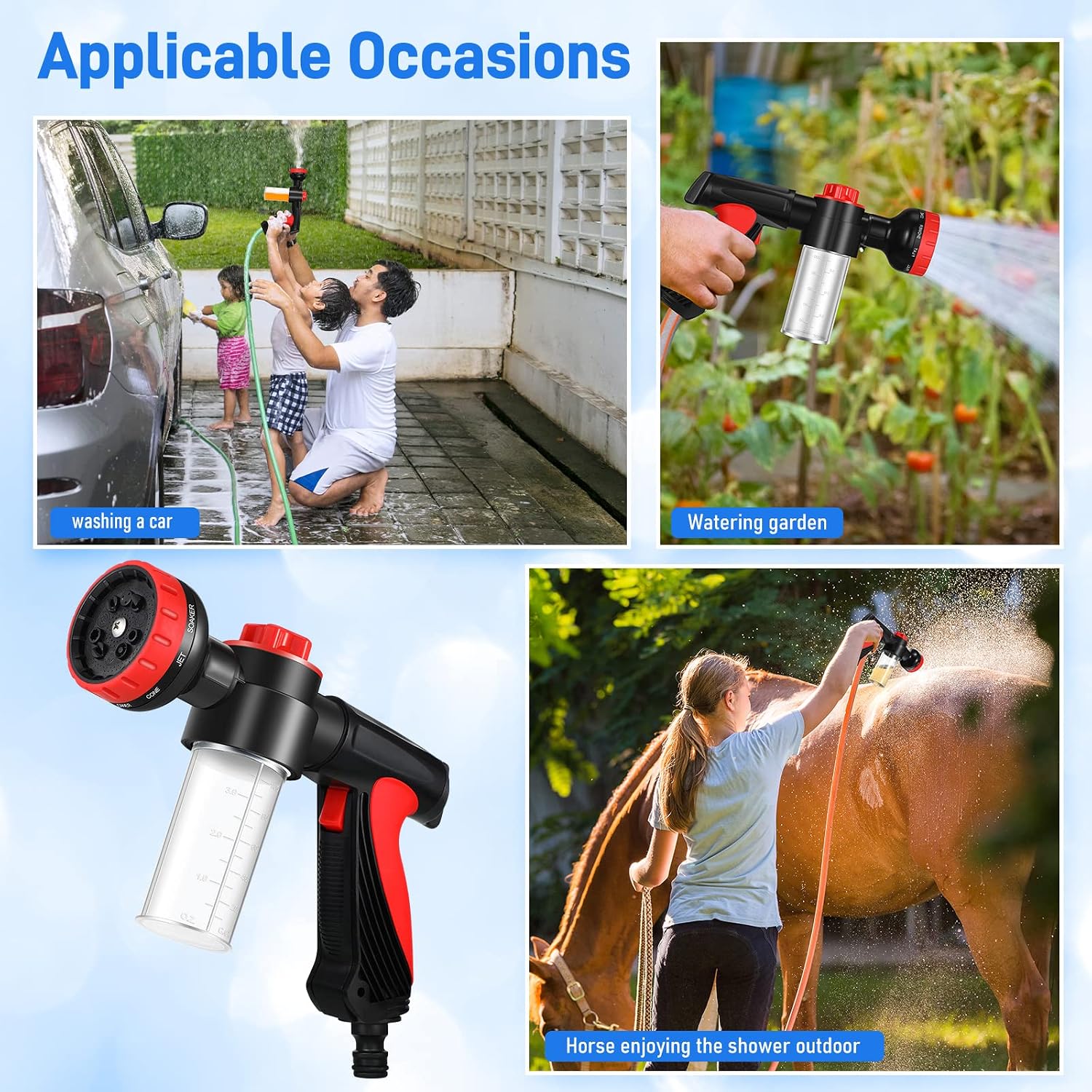 6 Pieces Pet Bathing Tool Set Includes Pup Jet Hose Nozzle Soap Dispenser with Connectors and Dog Rubber Comb Brush, Dog Bathing Sprayer Bottle Wash Foam Sprayer (Red, 8.27 x 4.72 x 5.51 Inch)