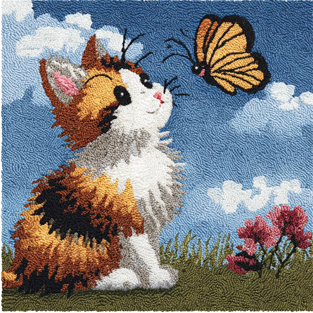 Taxpy Latch Hook Cushion Kits for Adults,Calico Cat and Butterfly 17X17Inch DIY Embroidery Pillow Case Kits