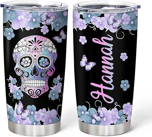 Hyturtle Regalos personalizados para los amantes de los cráneos, cumpleaños, Navidad, Halloween, calavera de azúcar, flor morada, gótico, nombre