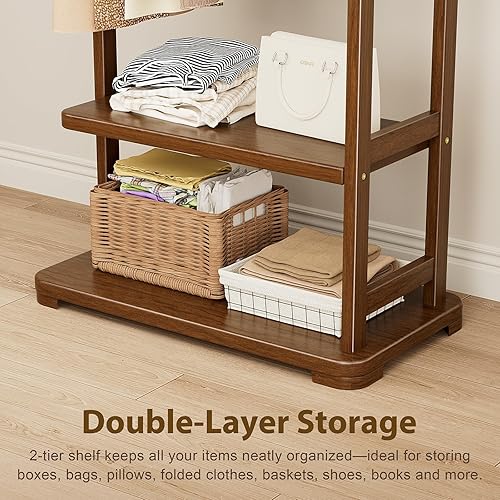 Miniatura 2 de Perchero de madera maciza con 2 estantes y 4 ganchos para colgar ropa, carteras, sombreros, estante de ropa resistente, perchero para abrigos