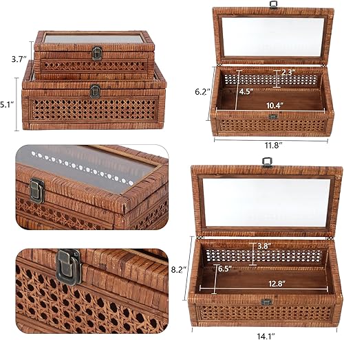Miniatura 2 de Cajas apilables de ratán y caña con tapa superior de cristal, juego de 2 unidades de 11.8 y 14.1 pulgadas, para decoración bohemia y rústica de
