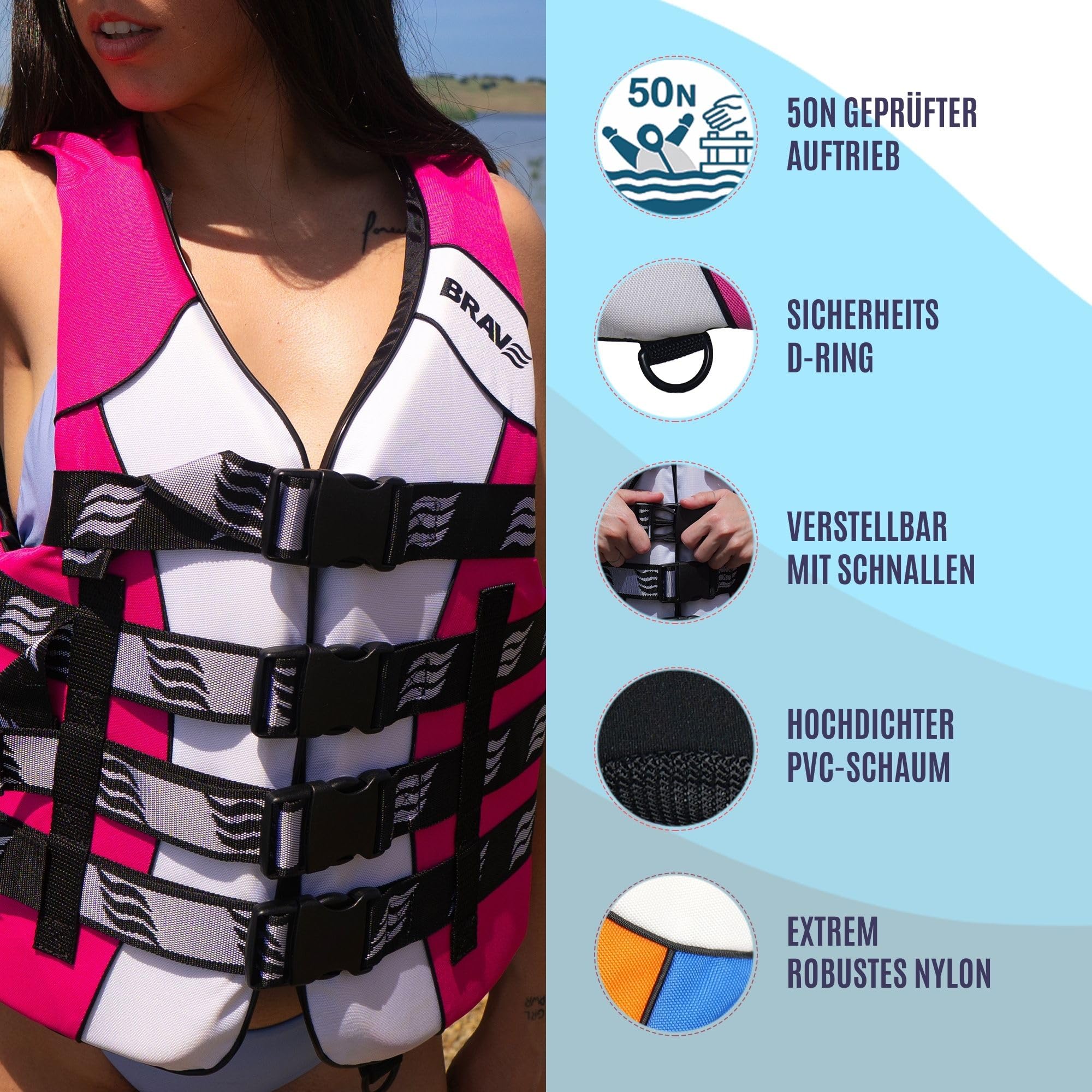 Schwimmweste 50N Damen & Herren – Auftriebsweste für SUP, Kajak, Jet Ski & Wassersport – Hochfestes Nylon mit PVC-Schaum – 4 verstellbare Gurte