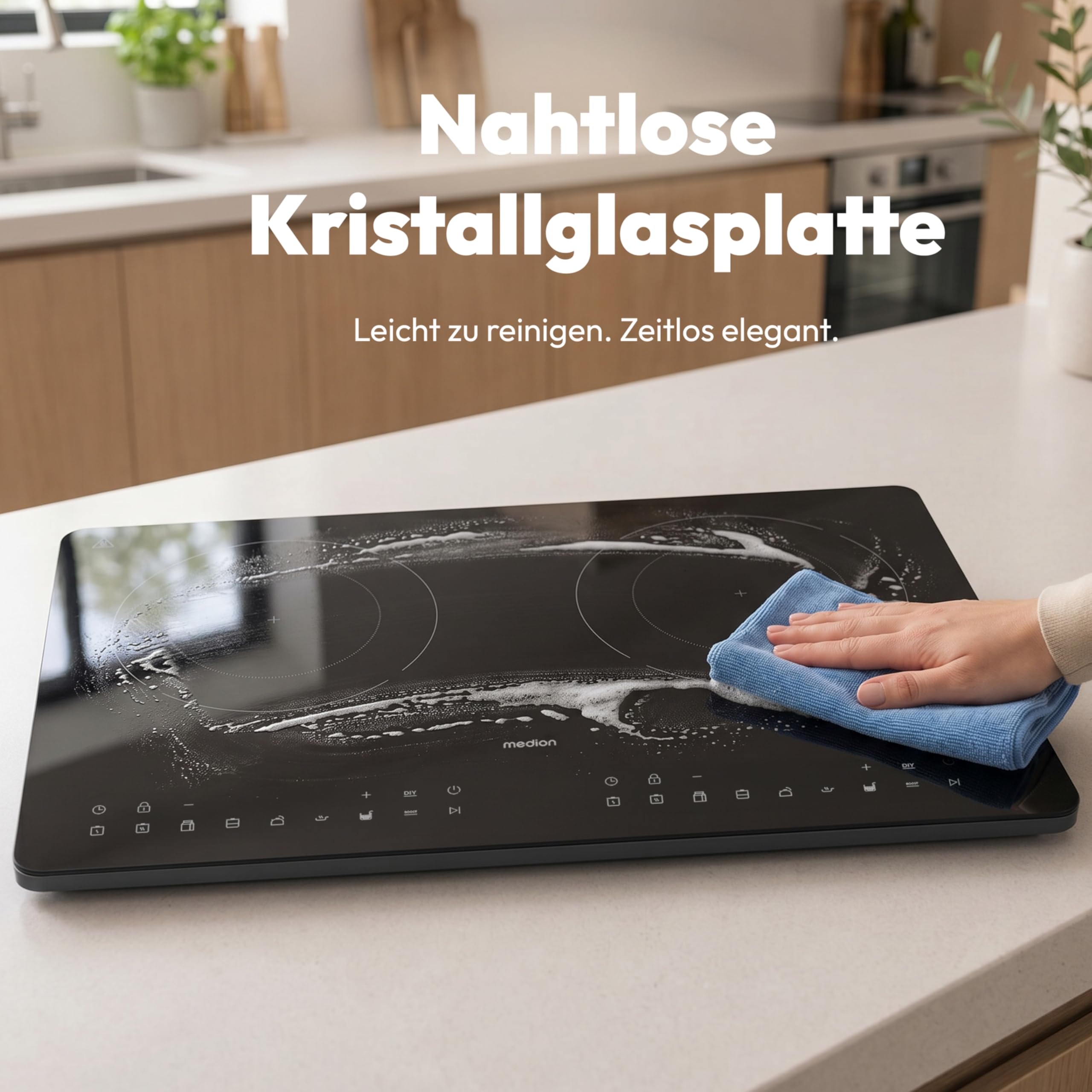 MEDION IC20D Induktionskochplatte, 2 Platten Induktionskochfeld, extra flach, 3500 Watt, 2 Kochplatten, 8 Automatikprogrammen und DIY, LED Display, Touchbedienung, nahtlose Kristallglas-Oberfläche