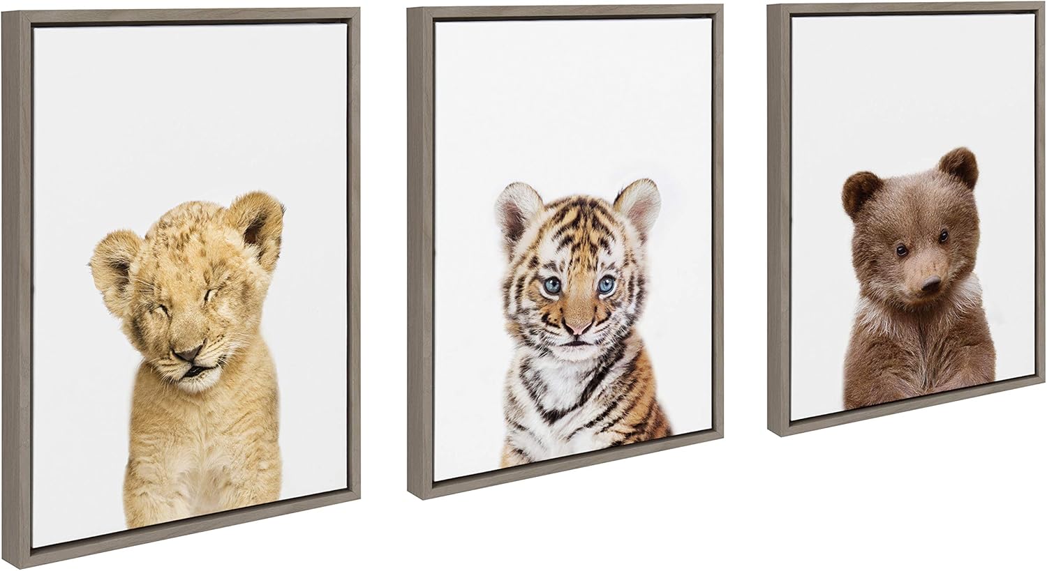 Kate and Laurel Sylvie Lions and Tigers and Bears Framed Canvas Wall Art by Amy Peterson, Set of 3, 18x24 Gray, Cute Baby Animal Art for Nursery and Other Decor