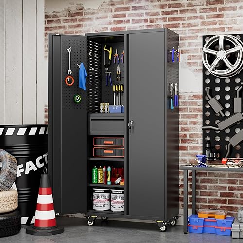 Miniatura 161 de Armario de almacenamiento de metal con tablero de clavijas de 31.5 x 31.5 x 16.5 pulgadas, armario de almacenamiento de acero con cerradura con 5