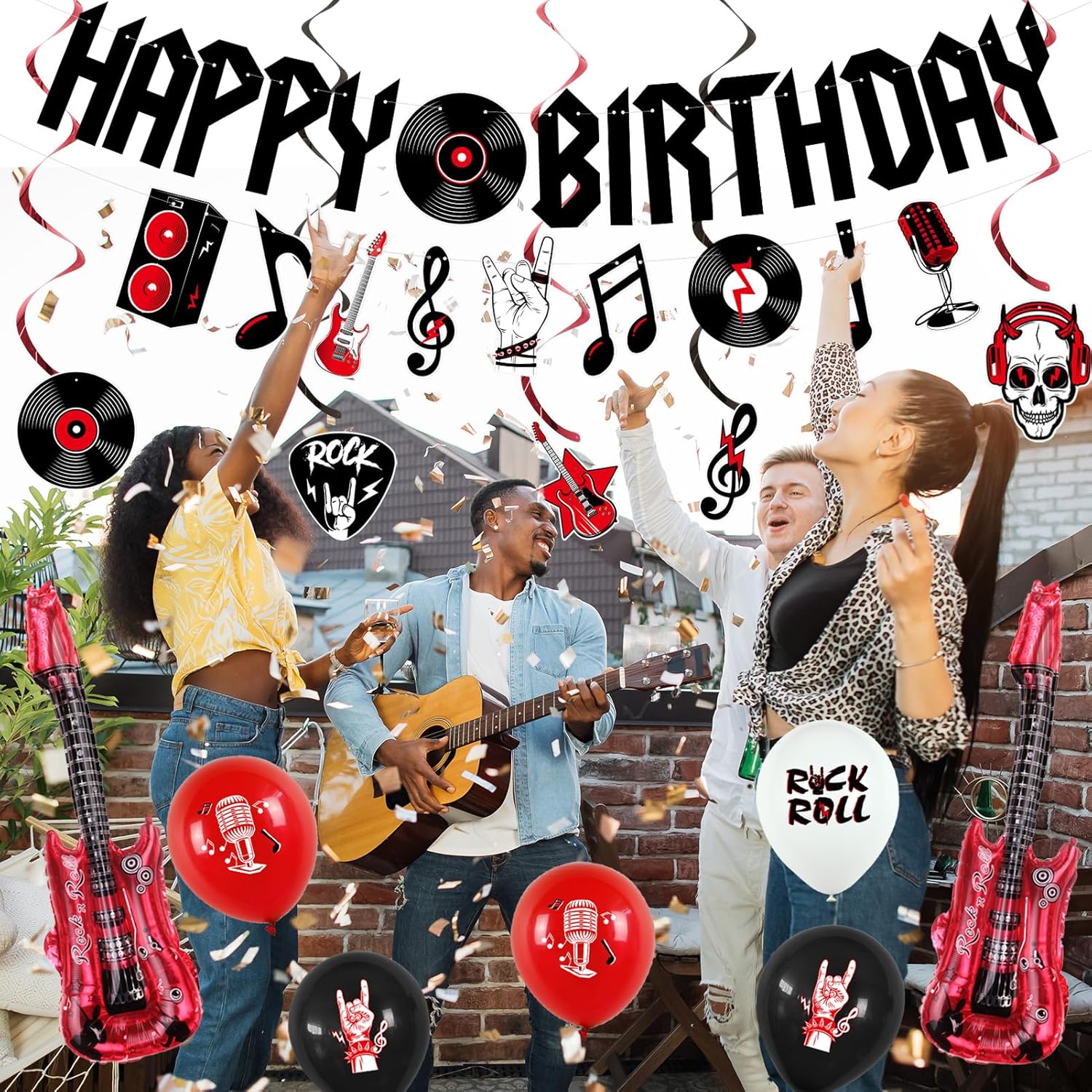Crenics Rock and Roll Birthday Party Decorations - Happy Birthday Banner, Hanging Swirls, Cake Toppers and Balloons for Music Rock & Roll Party Supplies - Image 3