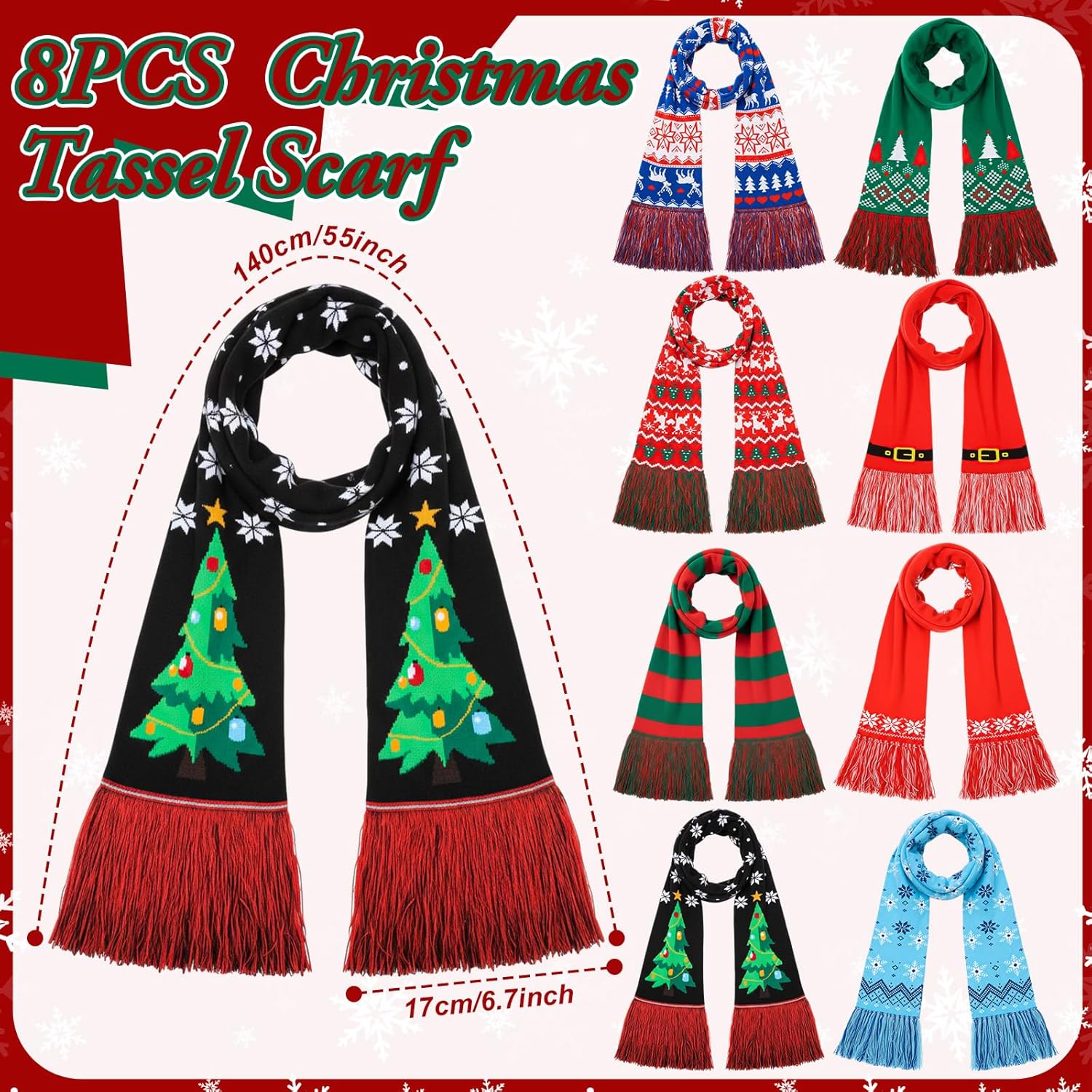 Coume 8 Pcs Knitted Scarf with Tassels Unisex Winter Neck Warmer Scarf Red Long Scarves for Men Women Holiday Gift - Image 2