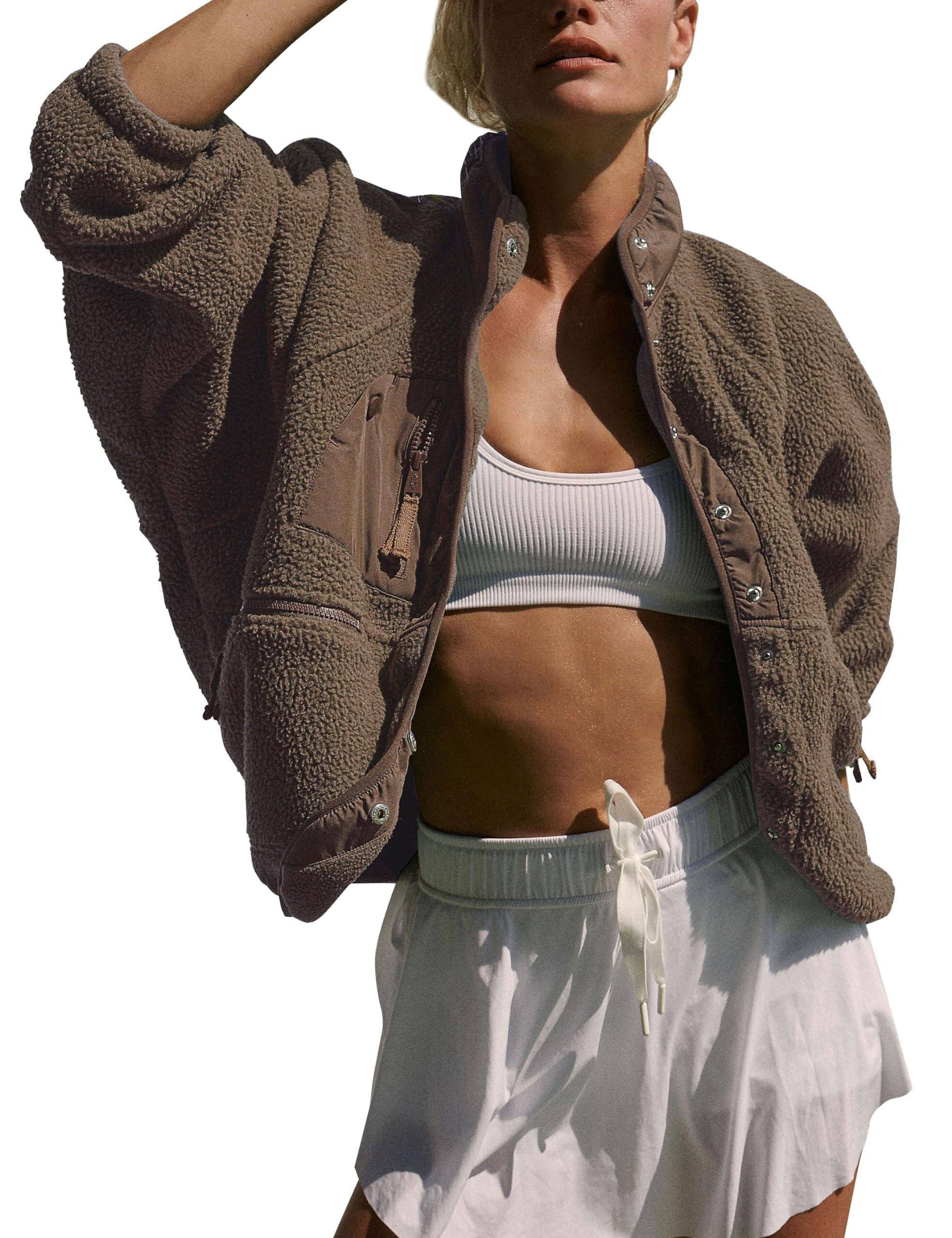 Barley Direct Lightweight Cropped Fuzzy Fleece Jacket for Women Winter Warm Sherpa Jackets Coat Outerwear with Pockets(Brown,M)