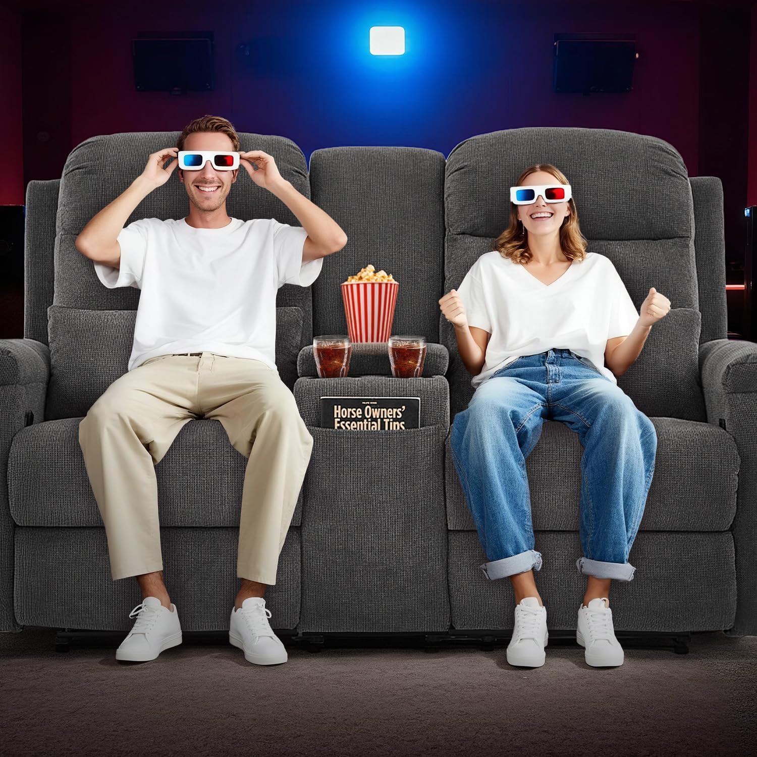 RV Loveseat Recliner with Console, Reclining Loveseat Sofa, Manual Home Theater Seating with Pockets/Cup Holders for Living Room/RV Furniture (Stone Chenille + LED)