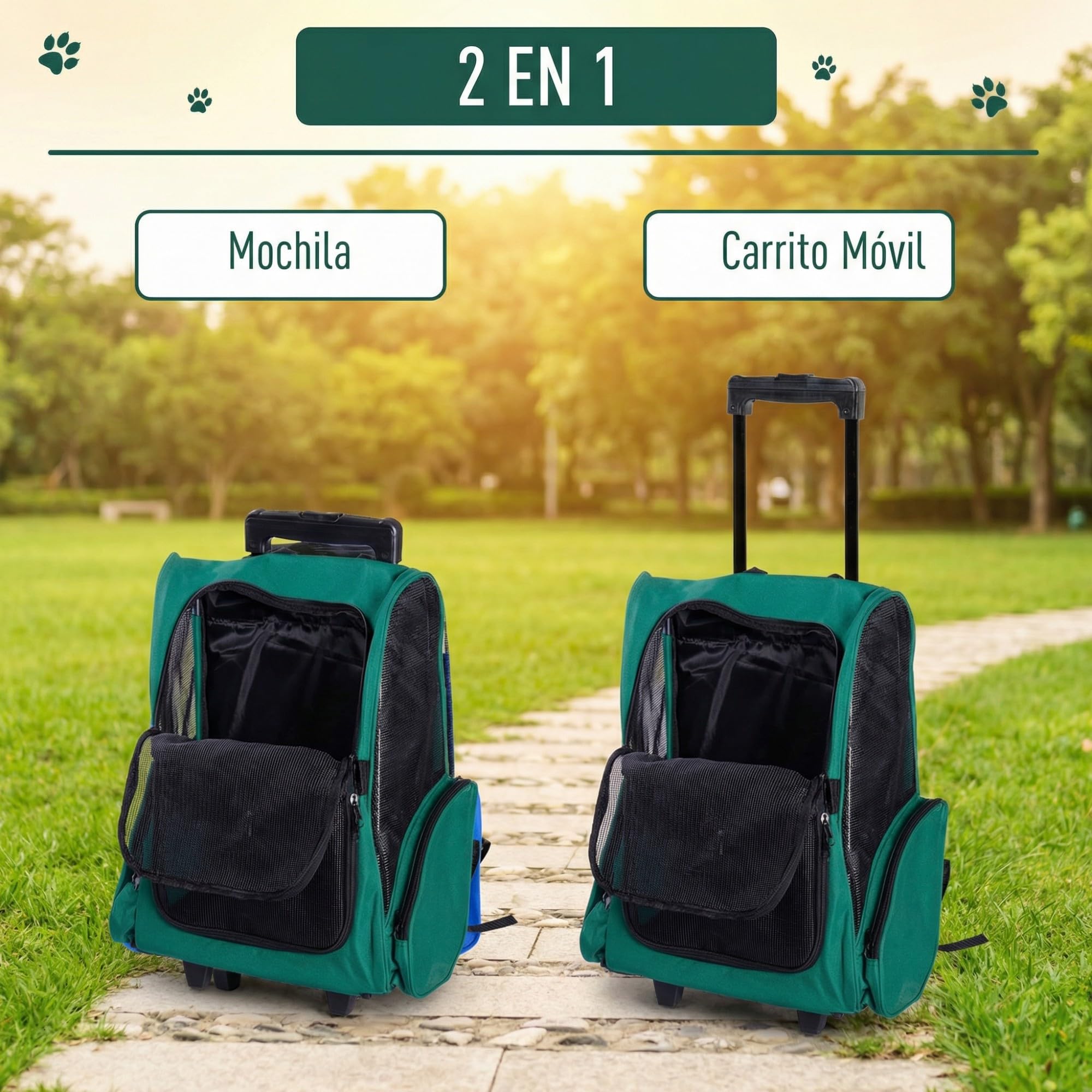 PawHut Transportín 2 en 1 para Mascotas Mochila o Carrito de Viaje para Perro y Gato con 2 Ruedas con Asa retráctil de Aluminio y Bolsillos 42x25x55 cm Verde