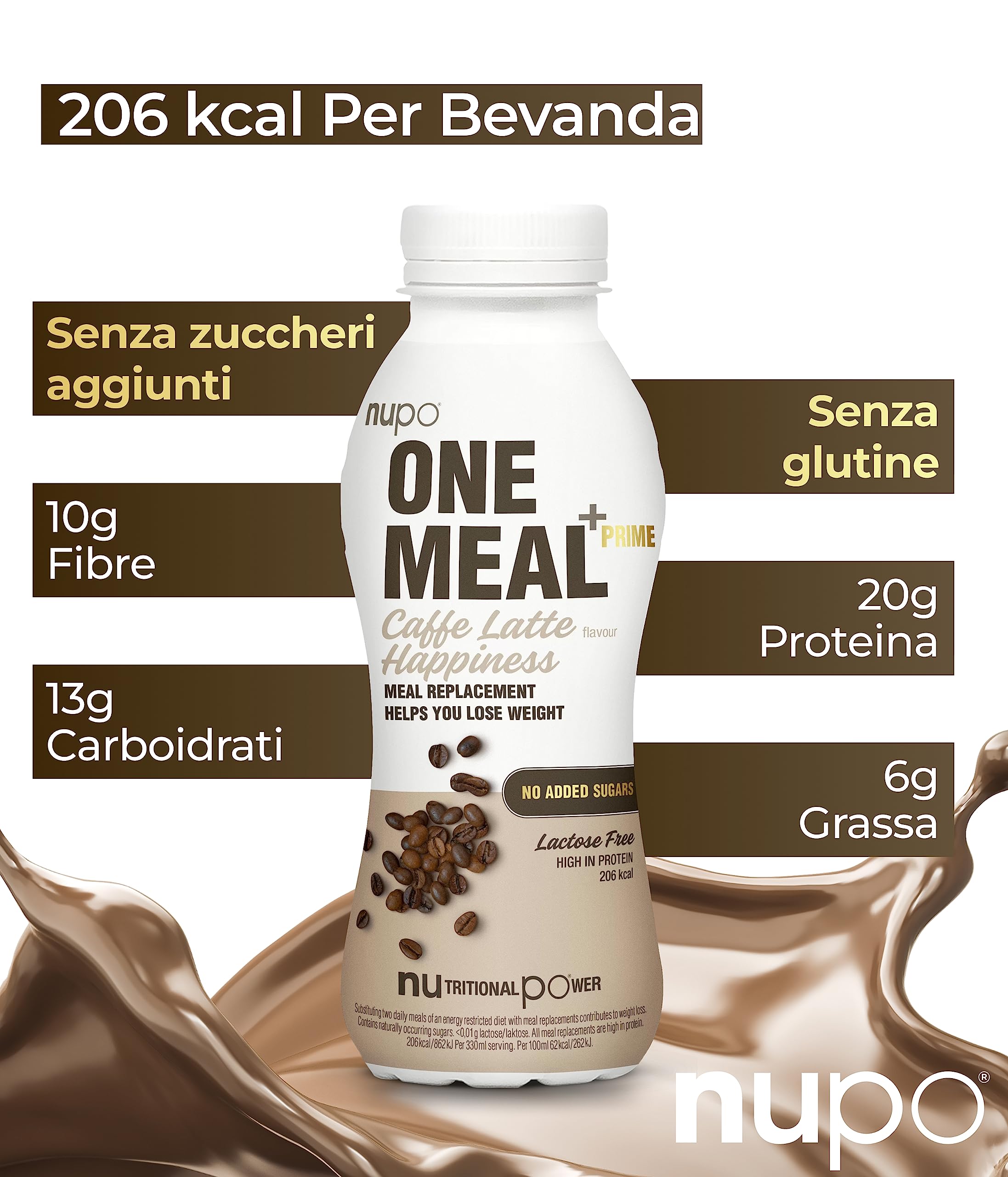 NUPO One Meal +Prime Caffè Latte - Ready-to-Drink Shake - Gustoso frullato sostitutivo del pasto con 24 vitamine e minerali - Alto contenuto proteico - Senza zuccheri aggiunti - 12 x 330ml