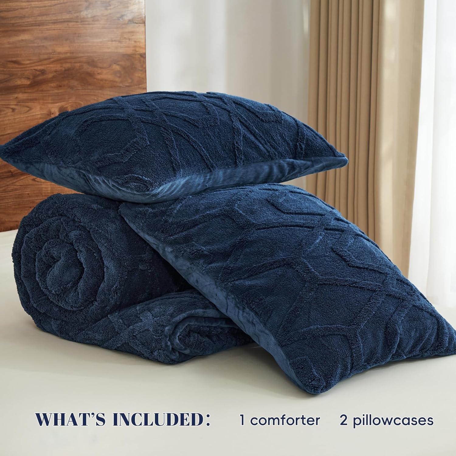PHF Warm Sherpa Fleece Queen Comforter Set, 3D Tufted Fluffy Navy Blue Bedding for Winter, Soft 3 Pieces Shaggy Bed Set, 1 Comforter (90"x90") and 2 Pillowcases (20"x26") - Image 6