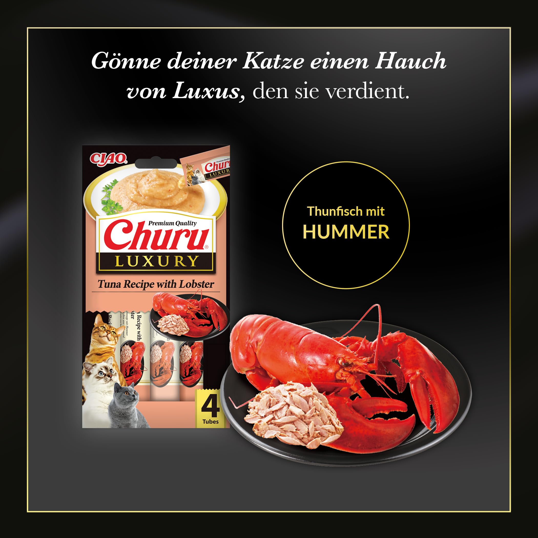 INABA Churu Luxury Cremiger Katzensnack mit Thunfisch und Hummer – 12 Packungen (48 Sticks x 14 g) – leckeres und hochwertiges Katzenfutter – Katzensnack ohne Konservierungsstoffe oder künstliche