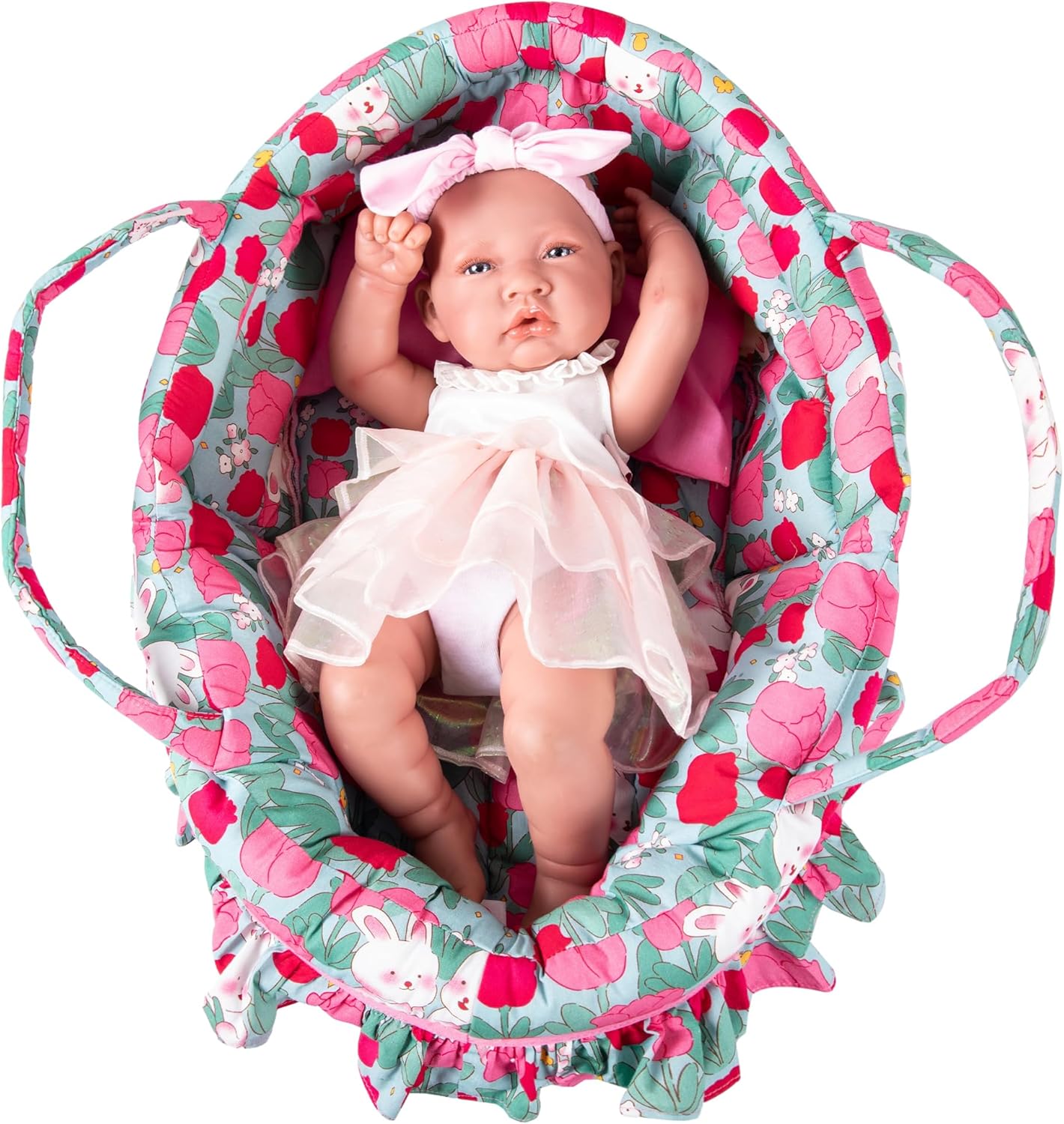 Doll Carry Cot Set, Soft Doll Carrier Basket Bassinet Includes 1 Cot and 1 Pillow, Rose Rabbit Doll Bassinet, Fits for 16 Inch 18 inch American Girl Dolls