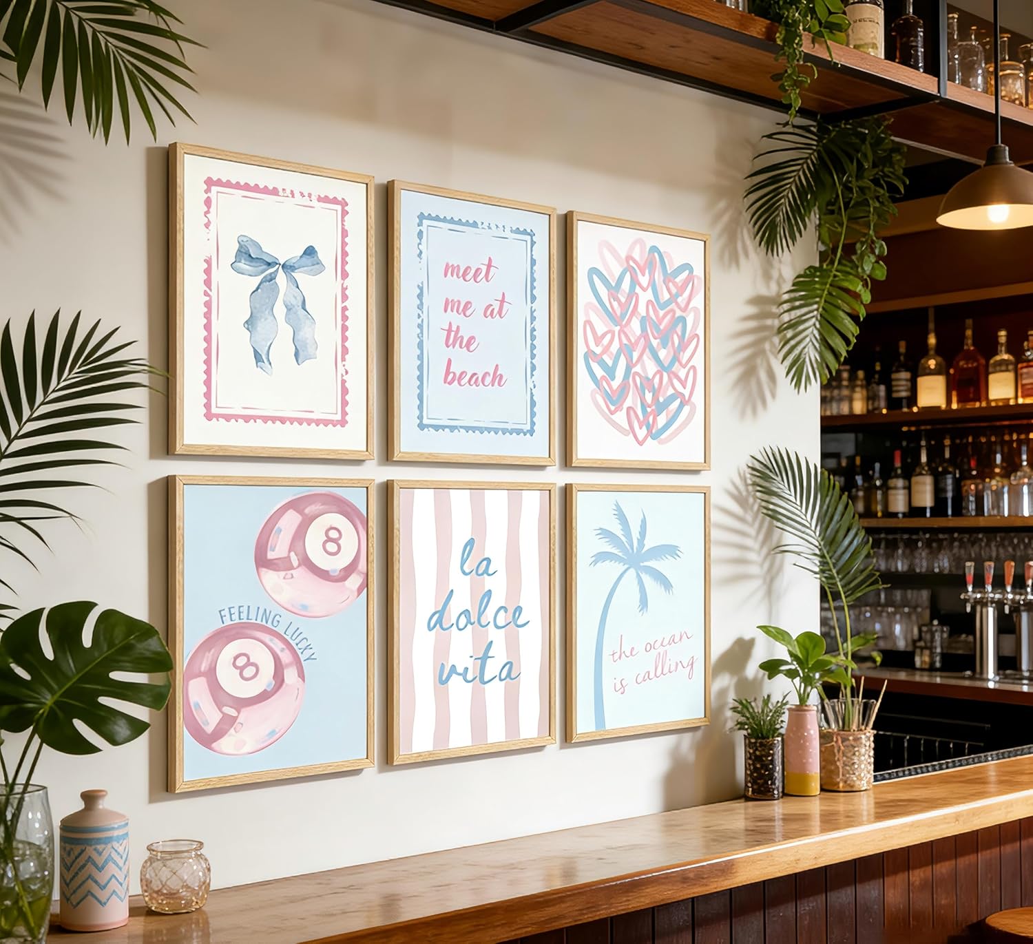 6pcs Preppy Pink Blue Coastal Poster Wall Art,Coastal granddaughter Painting Picture Wall Decor,Meet Me at the Beach Canvas Print Artwork for Bedroom,Bathroom,Beach House,Girl Room,12x16 Inch Unframe
