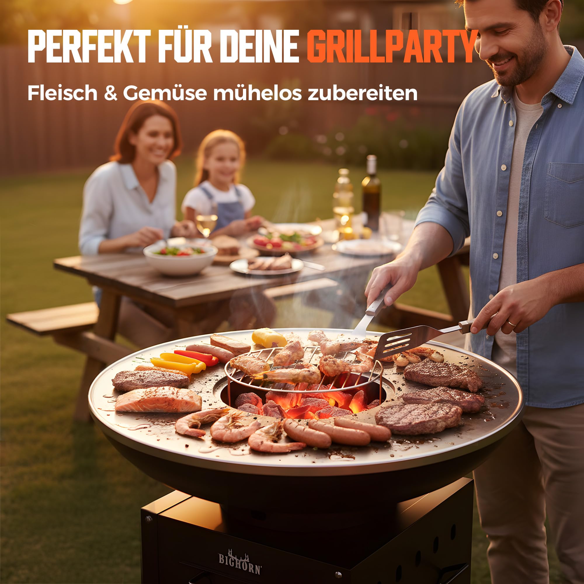 Big Horn Outdoors Plancha Grill, Feuerschale aus Edelstahl mit Teppanyaki 60 cm, Grillplatte, Küche im Freien, Gartenparty, Camping, Kochen im Freien