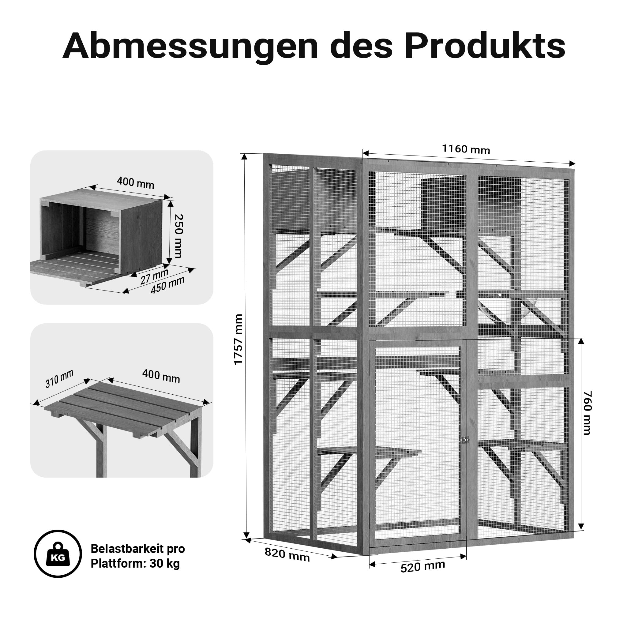 Wiltec Freilaufgehege Katzen 116 x 82 x 175,7 cm, Katzenfreigehege Holz mit PVC-Beschichtung, Außengehege 5 Ebenen, Katzengehege für Garten, Balkon