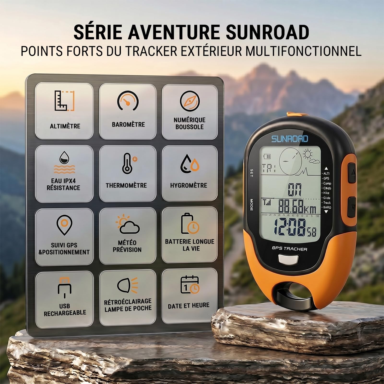Altimètre Baromètre GPS, Appareil GPS Multifonctionnel Haute Précision avec Boussole, Thermomètre, Hygromètre, Prévisions Météo, Horloge, Date, Lampe de Poche LED, Réveil, Étanche IPX4