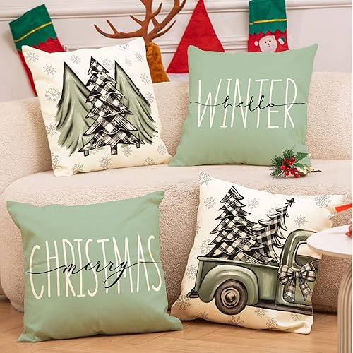 Miniatura 4 de AnyDesign - Fundas de almohada de Navidad, color verde salvia, árbol de Navidad, camión, funda de cojín decorativa para casa de campo, para el