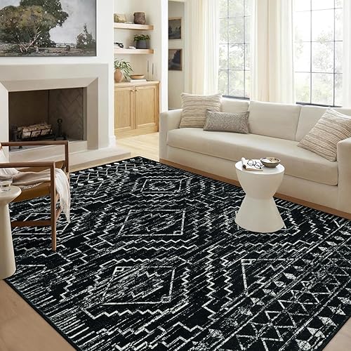 Wonnitar Moroccan 9x12 Area Rug for Living Room, Washable Black Rugs for Bedroom, Large Non-Slip Thin Dining Room Rugs for Under Table, Non-Shedding Soft Boho Floor Carpet Decor (Black,9'x12')