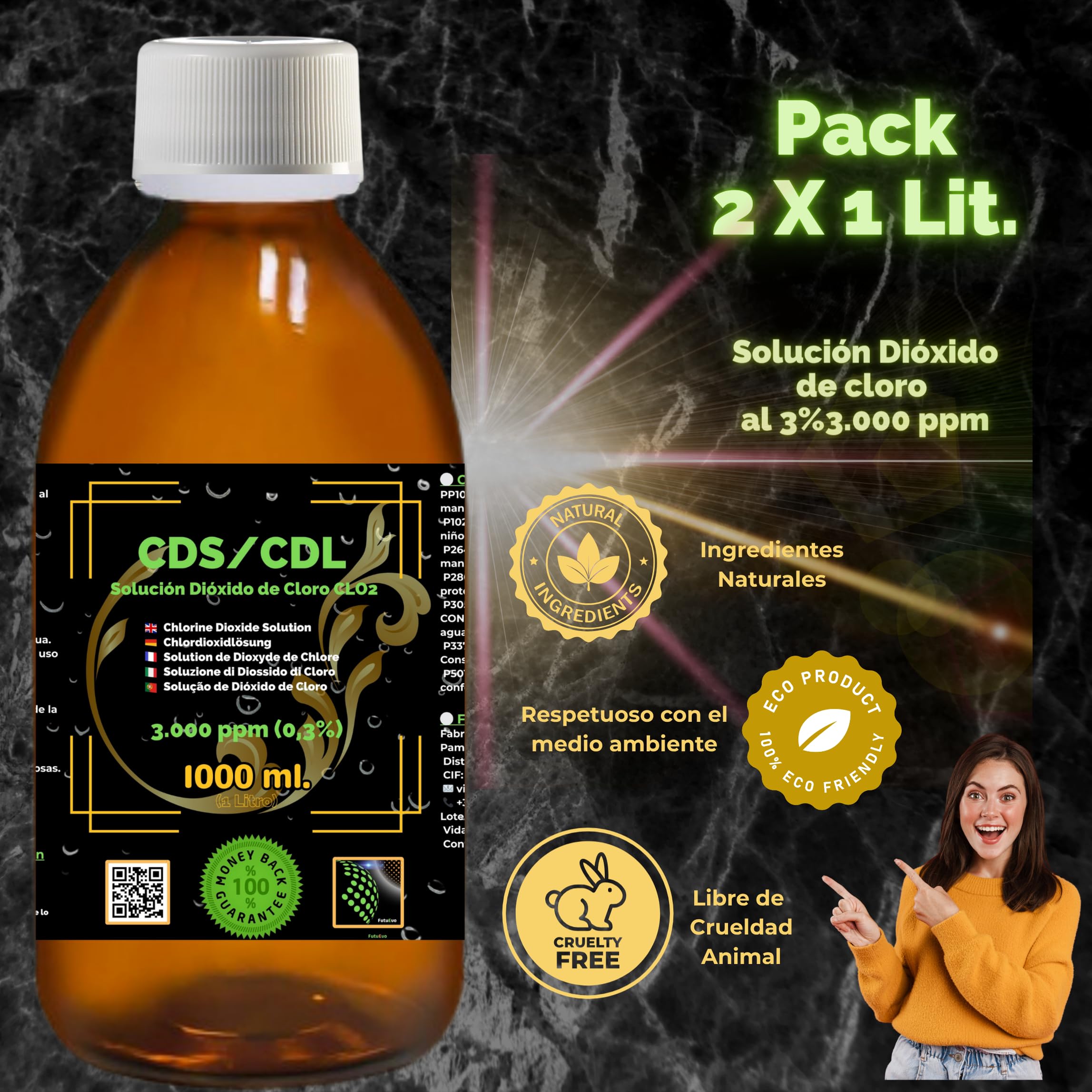 CDS/CDL 3000 ppm 1000 ml | Roztwór dwutlenku chloru w butelce ze szkła bursztynowego z zakraplaczem i zakraplaczem | Wysoka czystość, dozownik prezentowy dla precyzyjnego użytkowania.