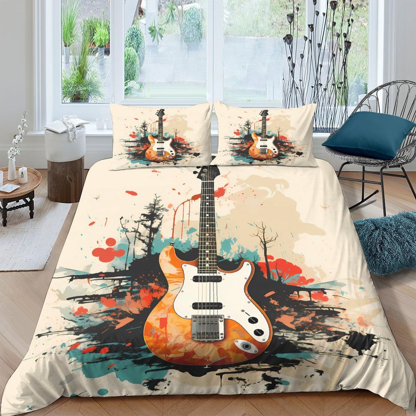 Ctjqhvkz Style-9 3D Printed Electric Guitar Fitted Sheet Microfiber Orange Abstract Splash Bed Cover For Bedroom Dorm Mattress Decor Single（135X200cm）