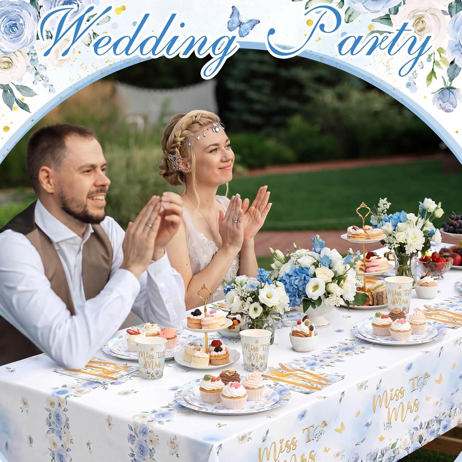Pickmesh 194 Pcs Blue Floral Bridal Shower Party Decorations Wildflower Miss to Mrs Paper Plates Napkins Cups Tablecloth Cutlery Disposable Tableware Set for Wedding Engagement Party Supplies Serve 24