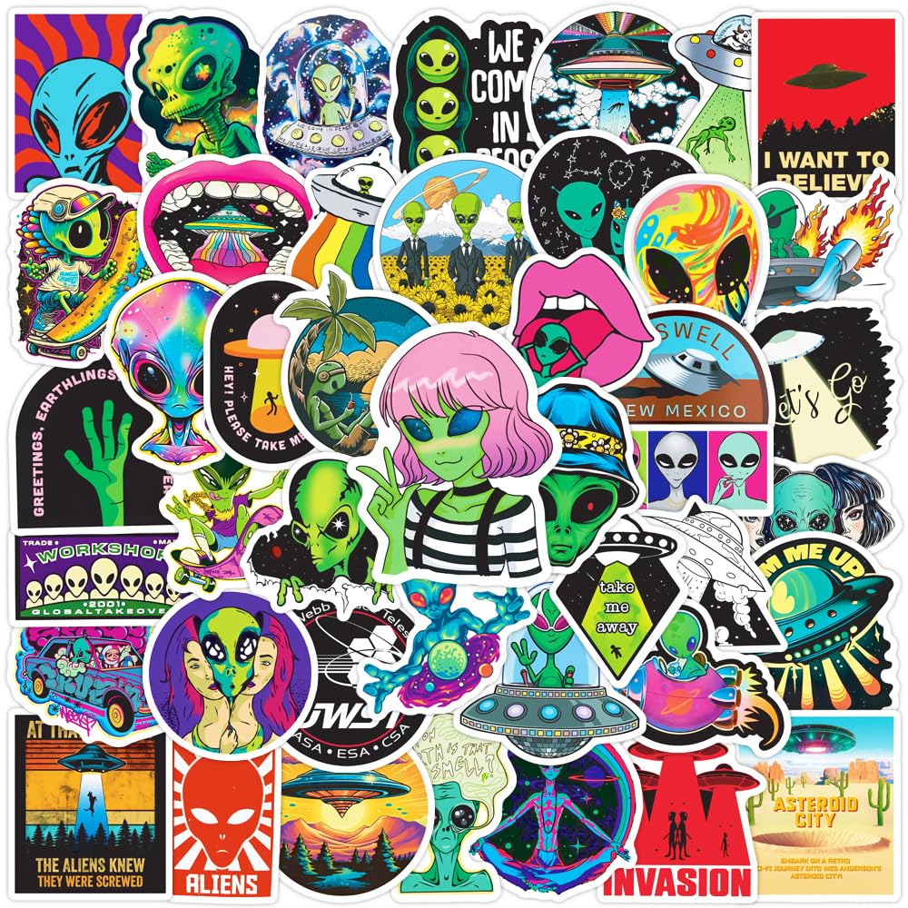 50Pcs Alien Stickers Laptop Car Scrapbook Phone Skateboard Suitcase Luggage Bike (ET) Stickers Vinyl Waterproof Aesthetic Personalised Stickers for Teens Boys Girls Adults Children