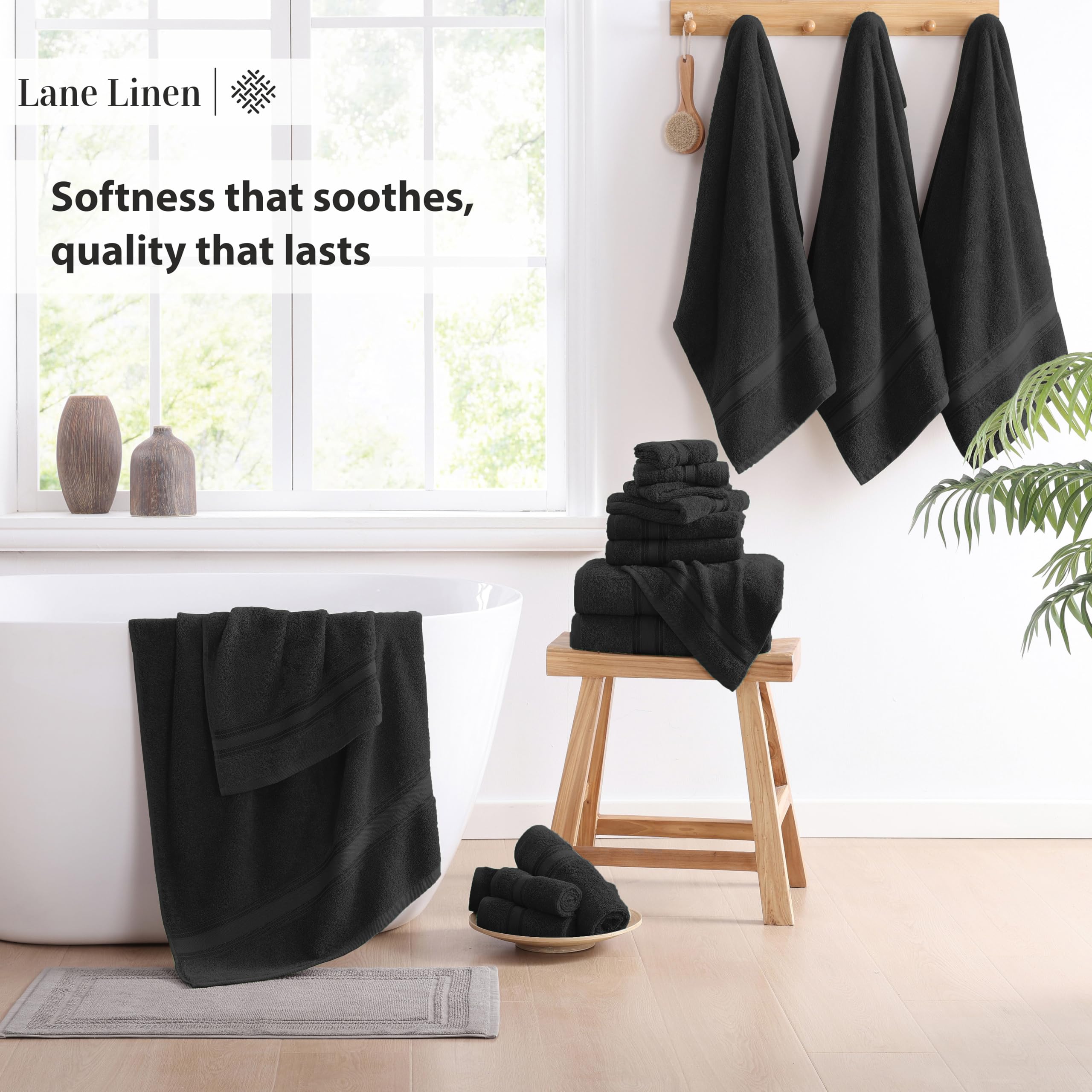 LANE LINEN Luksusowy zestaw ręczników kąpielowych, 100% bawełna, zero twist, szybkoschnący, bardzo miękki ręcznik kąpielowy, 6 ręczników kąpielowych, 6 ręczników do rąk, 6 ściereczek do mycia - czarny