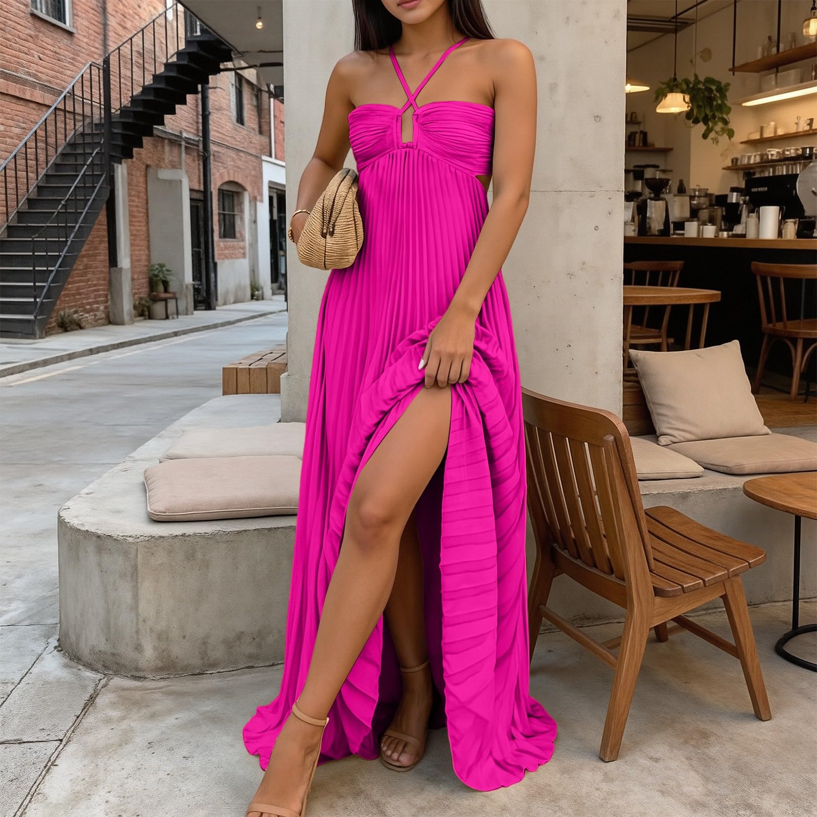 Générique Robe D'éTé Femme Bretelles Spaghetti Coton Boheme Robe à Bretelles Elegant Chic Robes Lin sans Manches DéContracté Quotidien Boho Plage Vacances Vacances