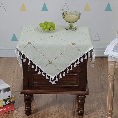 LUCKYHOUSEHOME - Mantel de algodón y lino a cuadros, con entramado bordado y borlas, para decoración de mesa, comedor, cocina y hogar