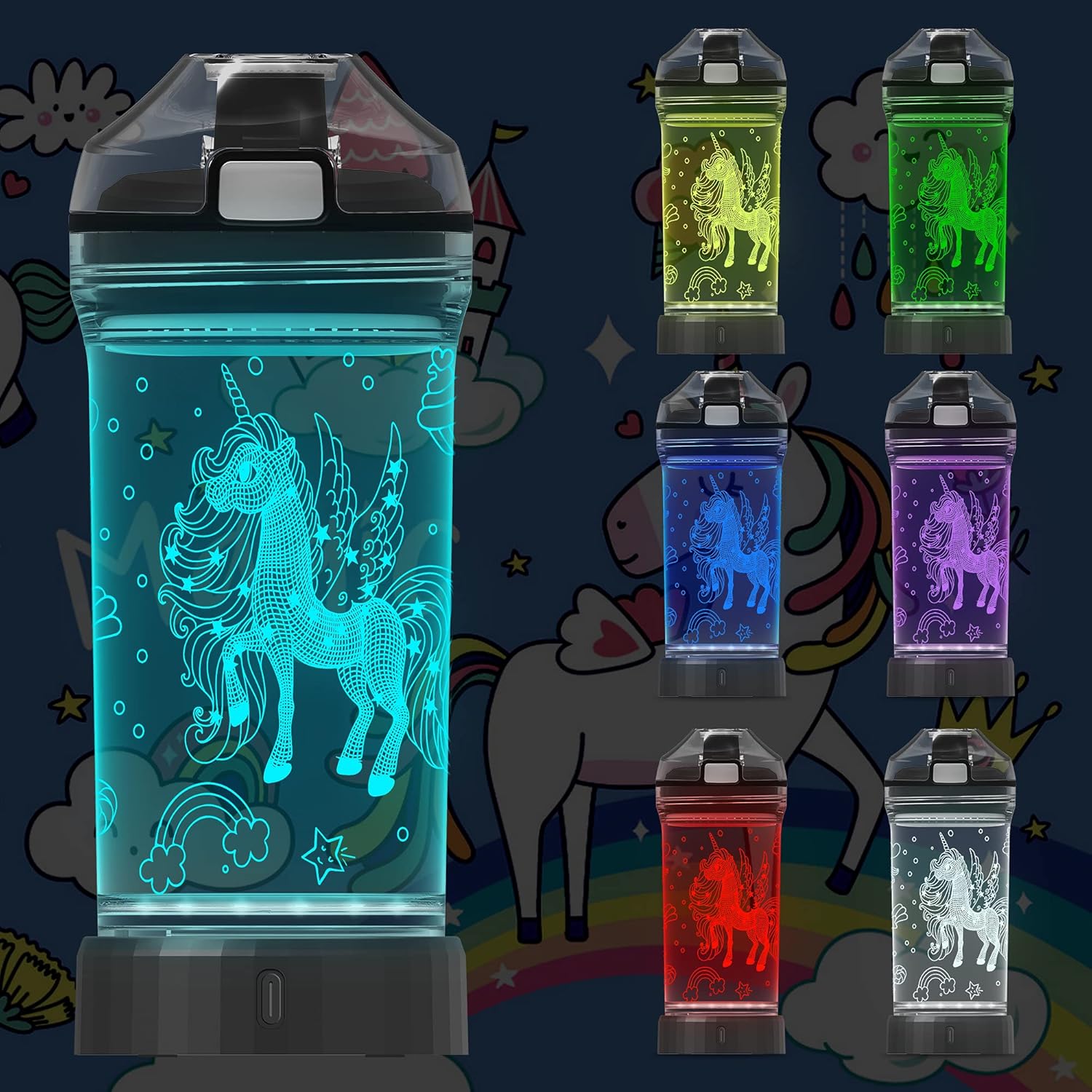 Attivolife Unicorn Water Bottle for Kids, LED Light up 3D Illusion Night Lamp -14 OZ - BPA Free Eco-Friendly Creative Glowing Cup, Ideal Back to School Gift for Girl Birthday Camping