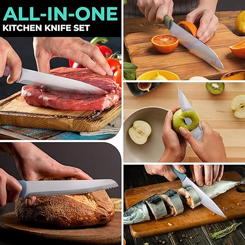 Miniatura 5 de HAUSHOF Juego de cuchillos de cocina, 5 cuchillos de cocina coloridos con fundas, cuchillas de acero inoxidable con revestimiento antiadherente para