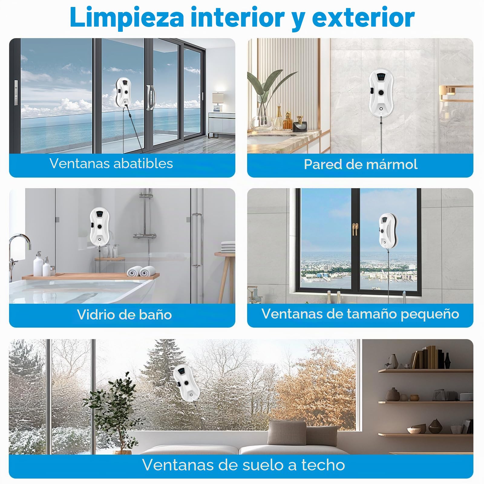 Eznaobo Robot Limpiador con Función de Pulverización 5600 Pa para Ventanas Interiores y Exteriores - Eléctrico con Mando a Distancia - 10 Trapos (Blanco)