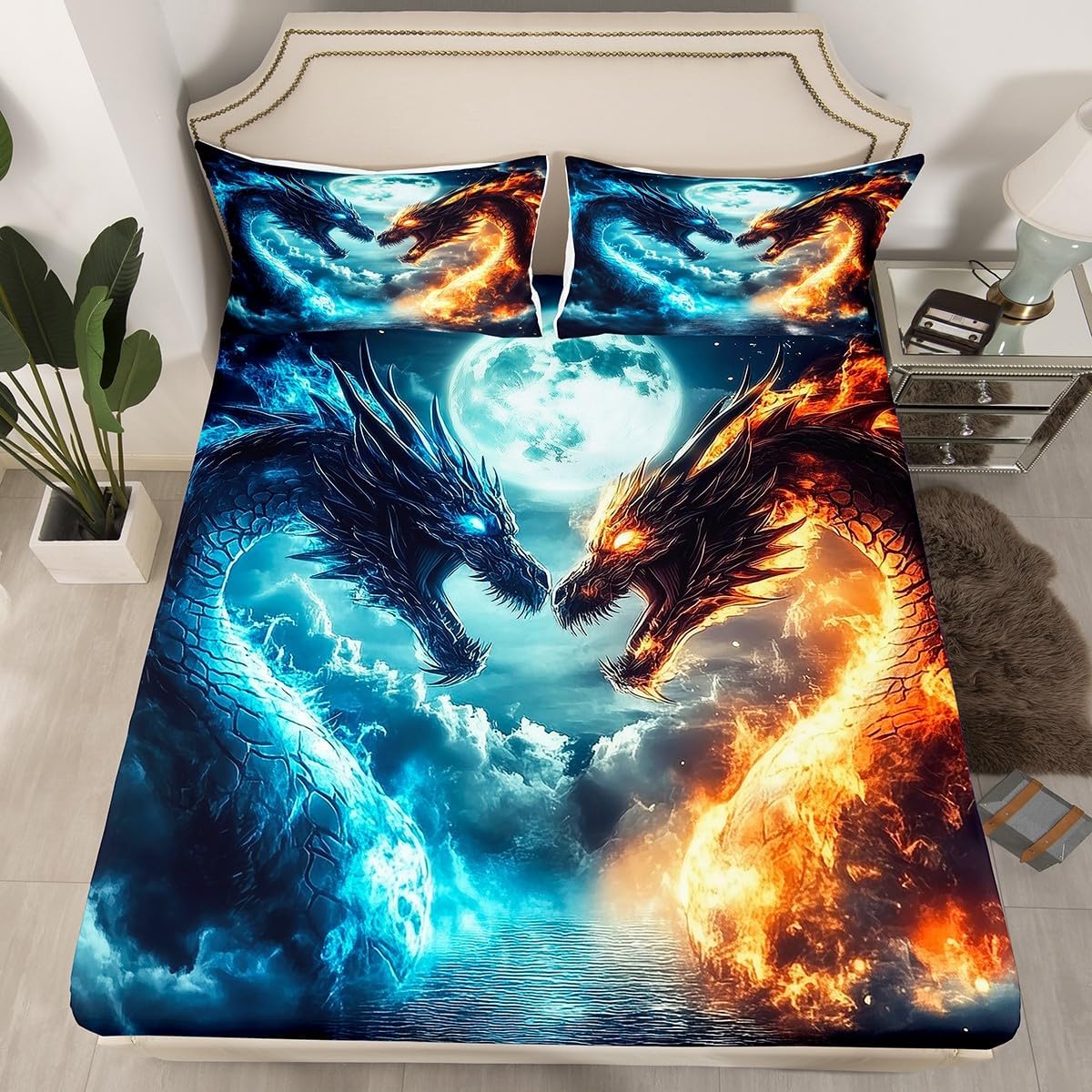 Volcano Lava Bed Sheet Set Red Orange Flame 3D Geometric Patchwork Sheet Sets Deep Pocket(No Flat Sheet),Volcano Eruption Natural Disaster Mattress Cover,Twin with 1 Pillowcase