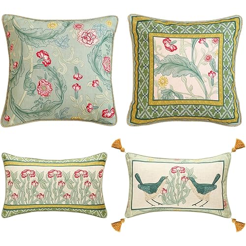 patdrea Designer Pack of 4 Throw Pillow Covers,French Vintage Rustic Linen with Green Floral Pattern Pillows Cover,Decorative Lumbar Square Pillowcases Cushion for Bed Living Room Outdoor Car
