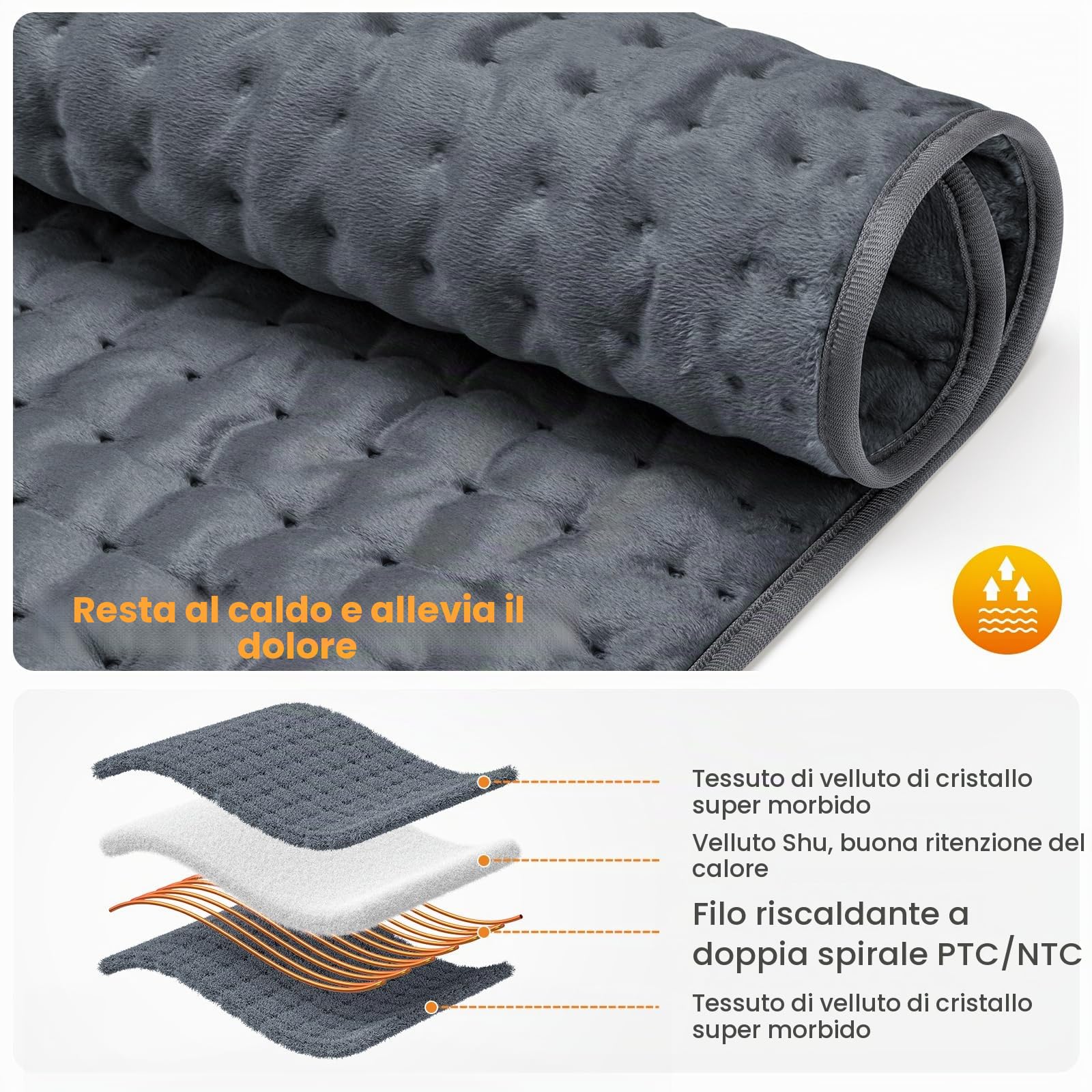 MYCARBON Termoforo Elettrico 92x50cm 6 Temperature 4 Opzioni Timer Cuscino Termico Elettrico per Schiena Cervicale Spalle Pancia Gambe Allevia Dolori Muscolari Lavabile(Grigio)