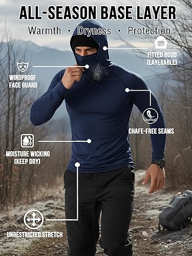 Miniatura 8 de Juego de camisas atléticas con capucha de 3 piezas, camisetas de rendimiento de manga larga con cubierta facial integrada, color negro, azul marino