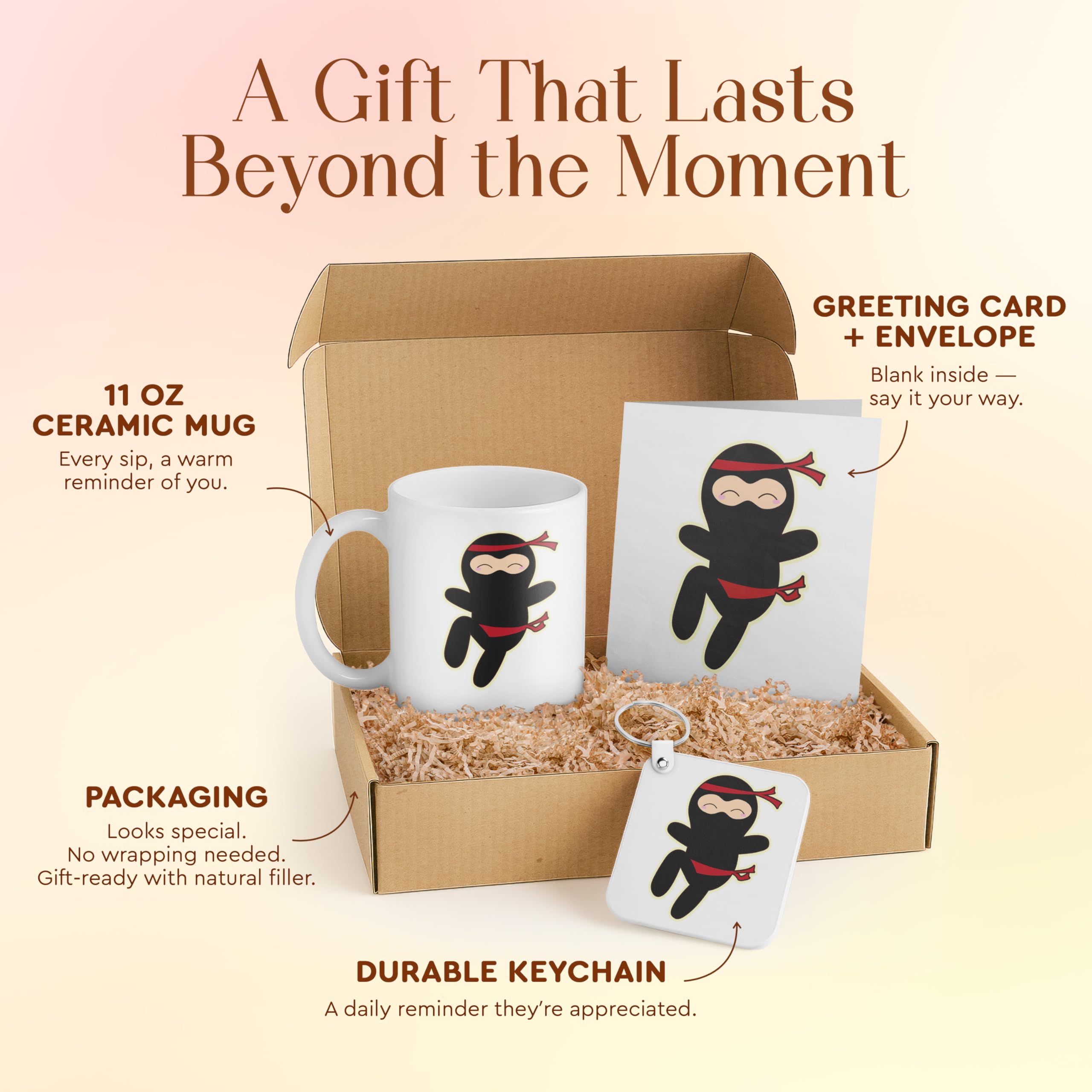 3dRose Ninja Cartoon Gift Set for Kids - Includes Mug, Keychain, and Card - Cute Black Ninja Character - Perfect for Birthdays and Fun Parties