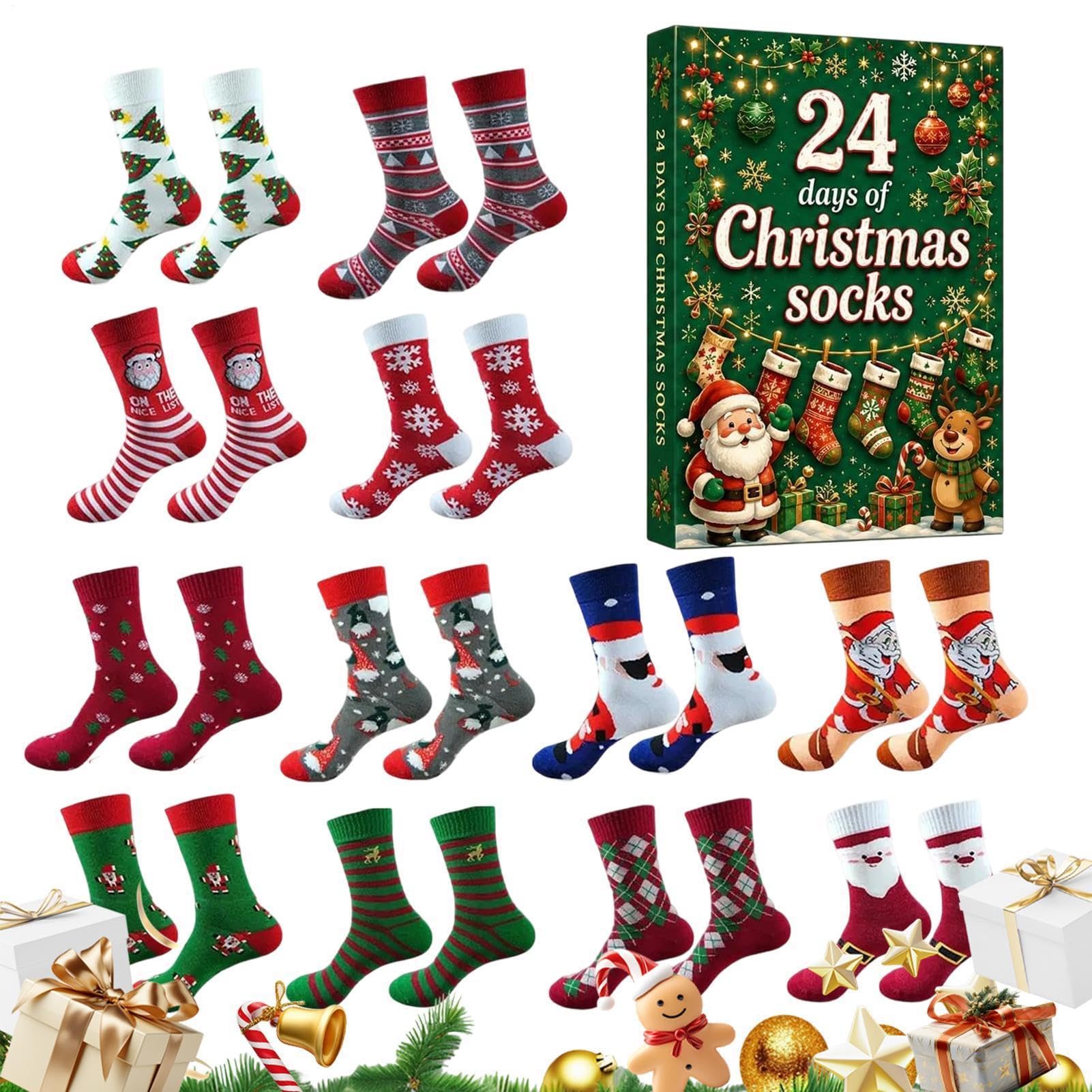 Calendrier de l'Avent de Noël - 12 paires de chaussettes chaudes en coton