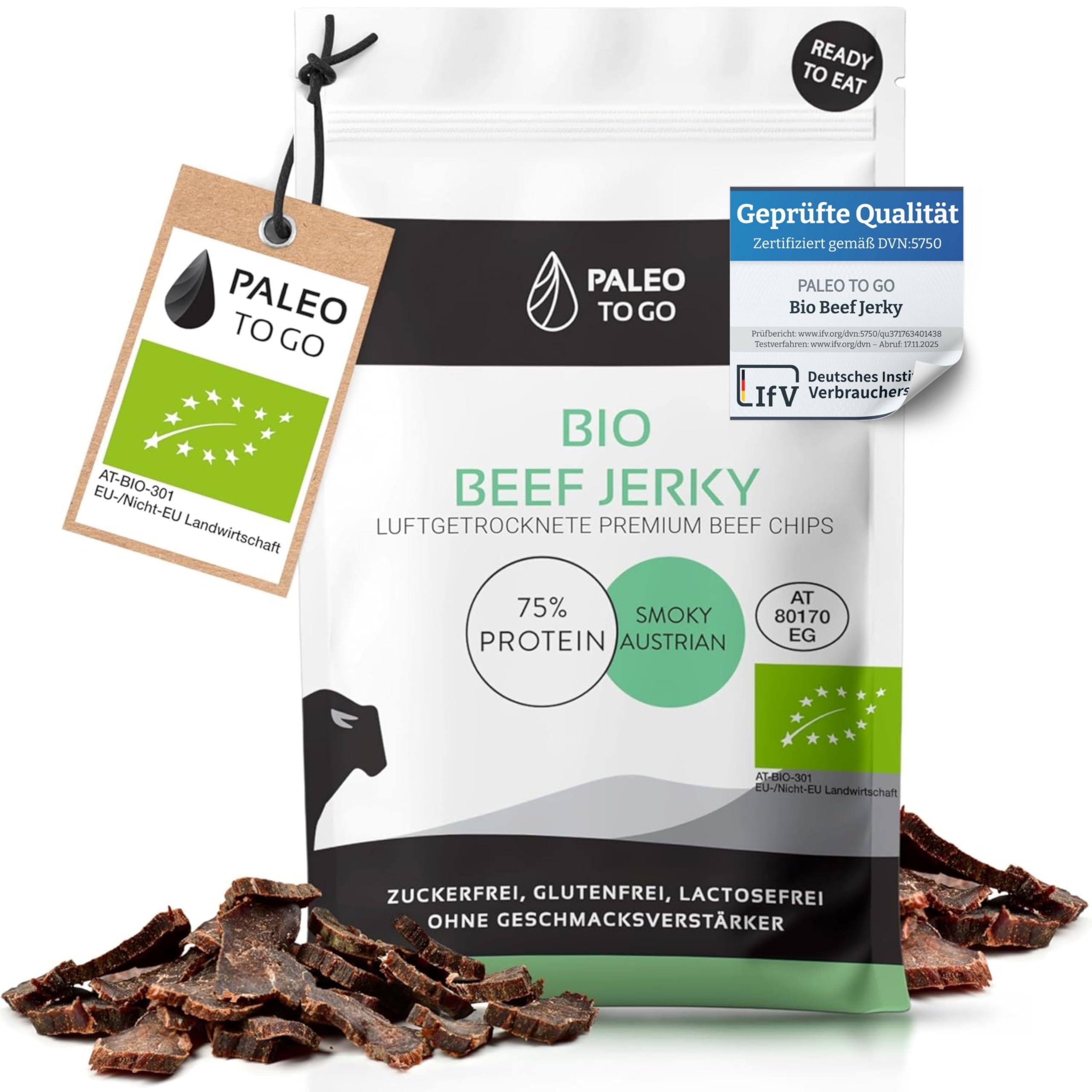 PALEO TO GO Beef Jerky [100% BIO] – High Protein Snack (75% Eiweiß) – Trockenfleisch, Biltong aus Bio Rindfleisch – Low Carb Eiweiß Snack – Protein Chips (14x30g)