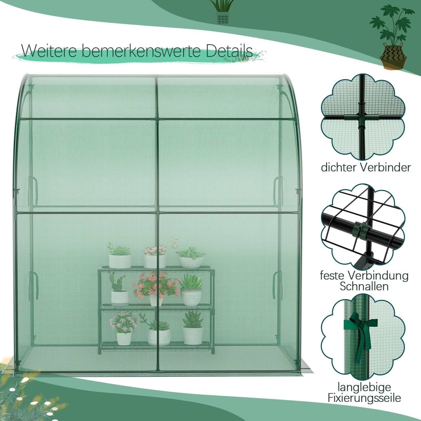 GOPLUS Szklarnia foliowa z 3-poziomowym regałem na kwiaty i ochroną z siatki PE, szklarnia na pomidory z 2 drzwiami rolkowymi, szklarnia na pomidory, szklarnia ścienna, 198,5 x 98 x 215 cm, zielona