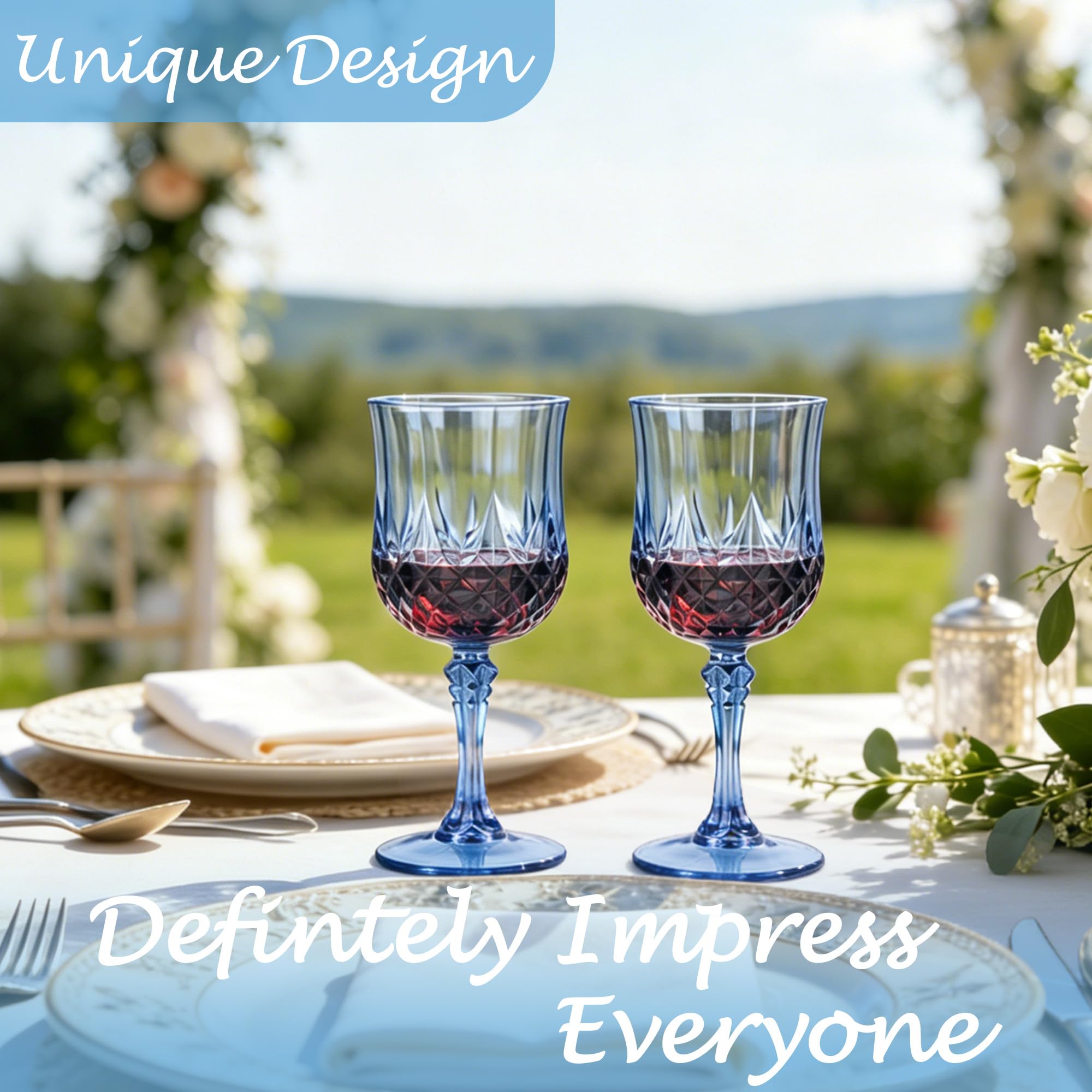 Paquete de 24 copas de vino de plástico, copas vintage de 7 onzas para boda | Vaso reutilizable de cristal irrompible, elegante vaso azul para fiesta, aniversario y celebración de vacaciones