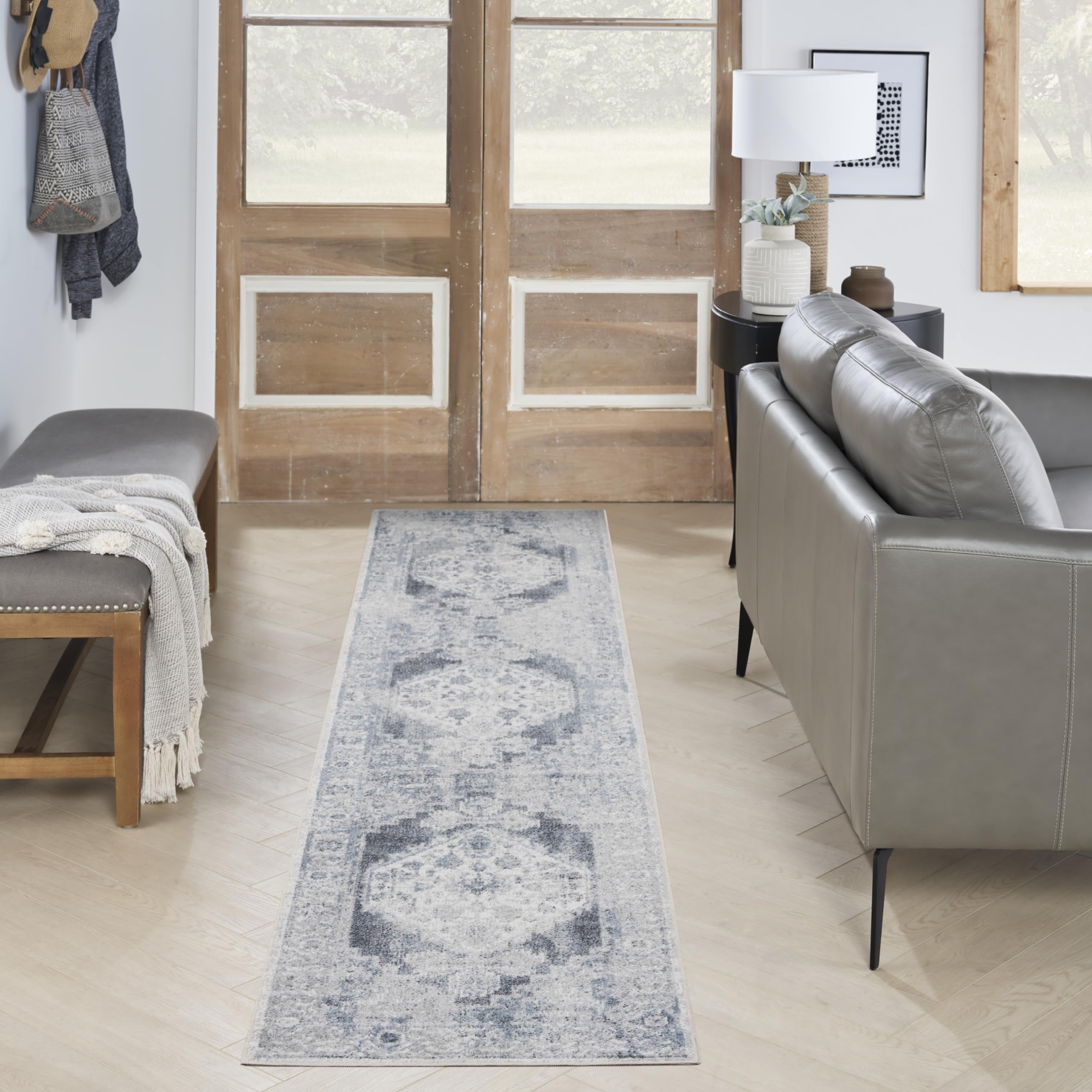 Nourison Home Astra Machine Washable Blue Ivory 2' x 6' Area Rug Easy Clean, Non Shedding, Bed Room, Living Room, Dining Room, Kitchen (6' Runner)