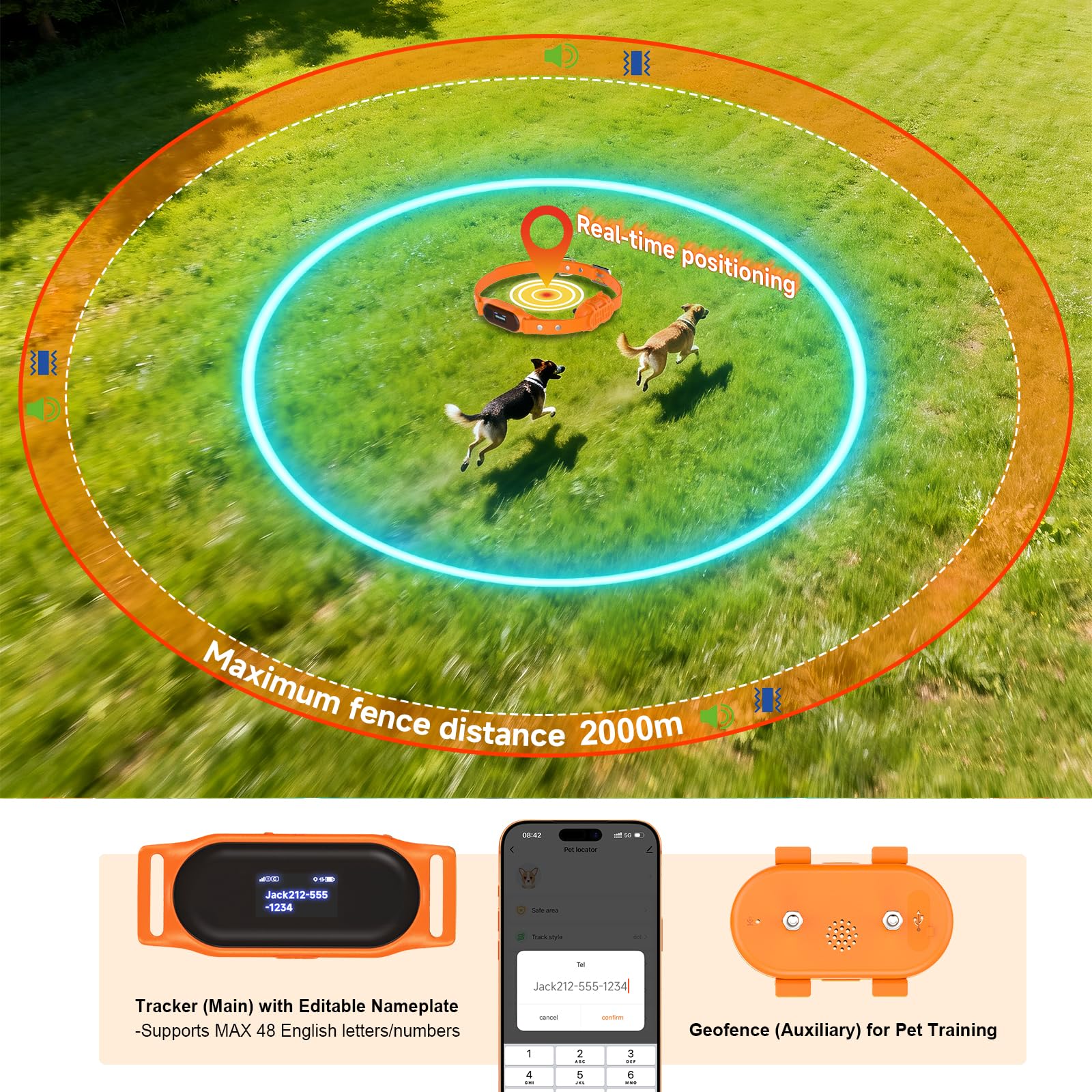 4G Echtzeit-Haustier-Tracker Dual-Band GPS Hundelokalisierer mit Anti-Verlust-Elektrozäunung, kostenlose App, Keine monatlichen Gebühren, verstellbarem Tracking-Halsband, Typ-C-Ladung, IP66