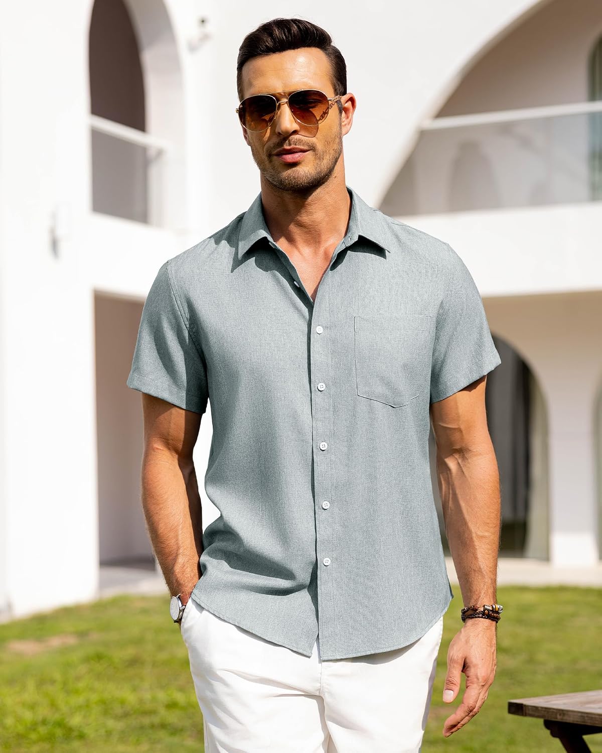Alimens & Gentle Mens Linen Shirts Short Sleeve Button Down Shirts Wrinkle Free Casual Vacation Beach Summer Tops thumbnail