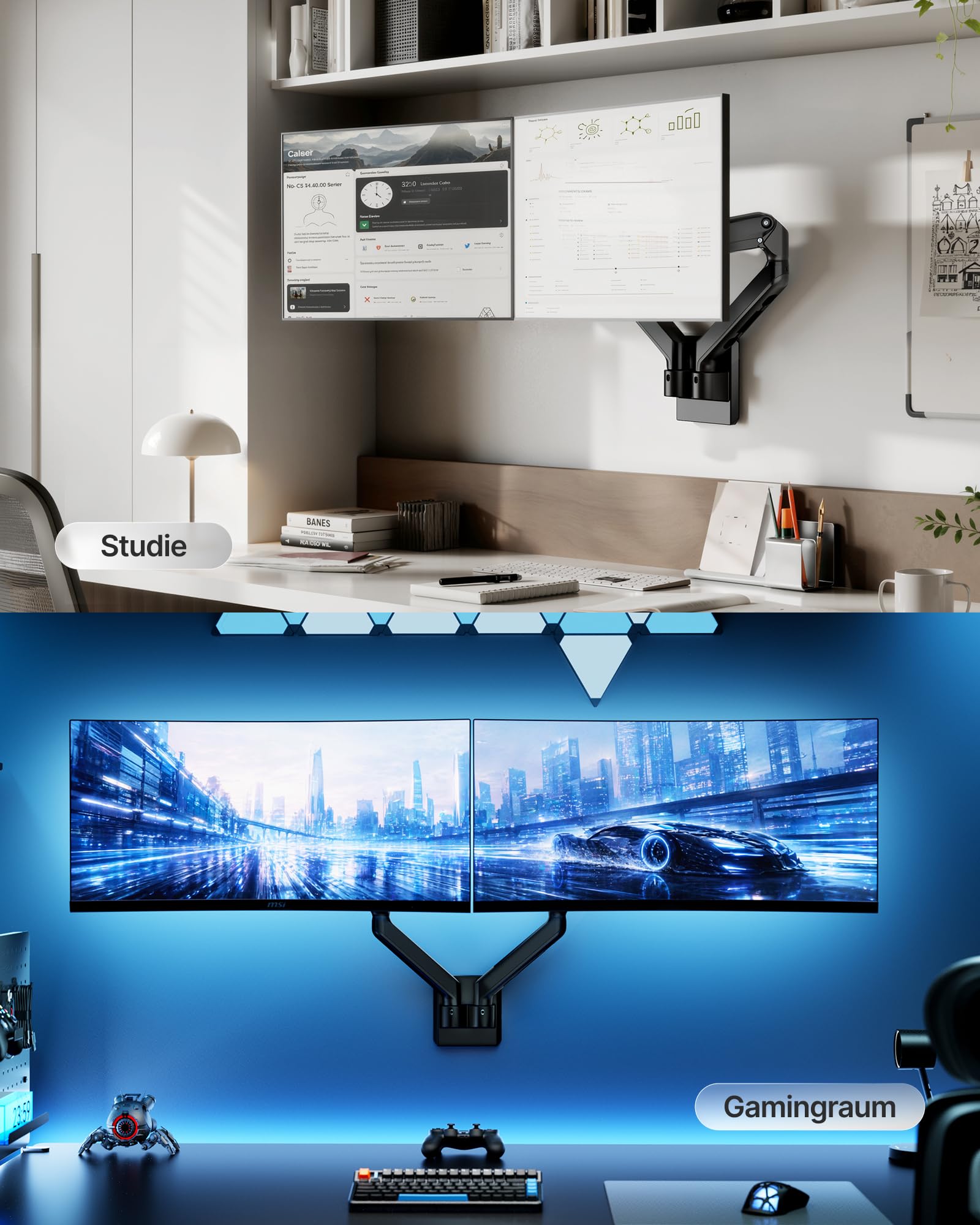 monTEK Doppel Monitor Wandhalterung für 2 Monitore 17-32 Zoll | VESA 75x75/100x100, bis 9 kg pro Arm,Höhenverstellbarer Dual Monitorarm Wand, Schwenkbare Bildschirmhalterung，Schwarz